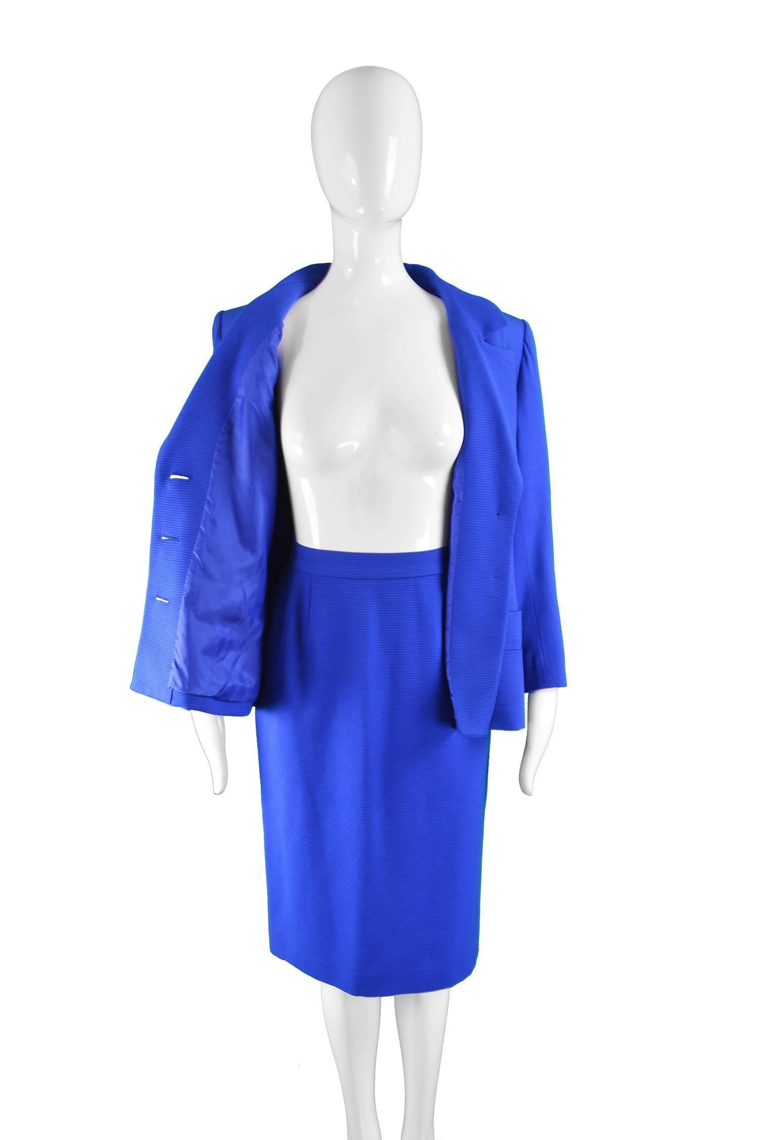 Women's Yves Saint Laurent Blue Wool Blazer and Skirt Suit with Heart Buttons, 1980s