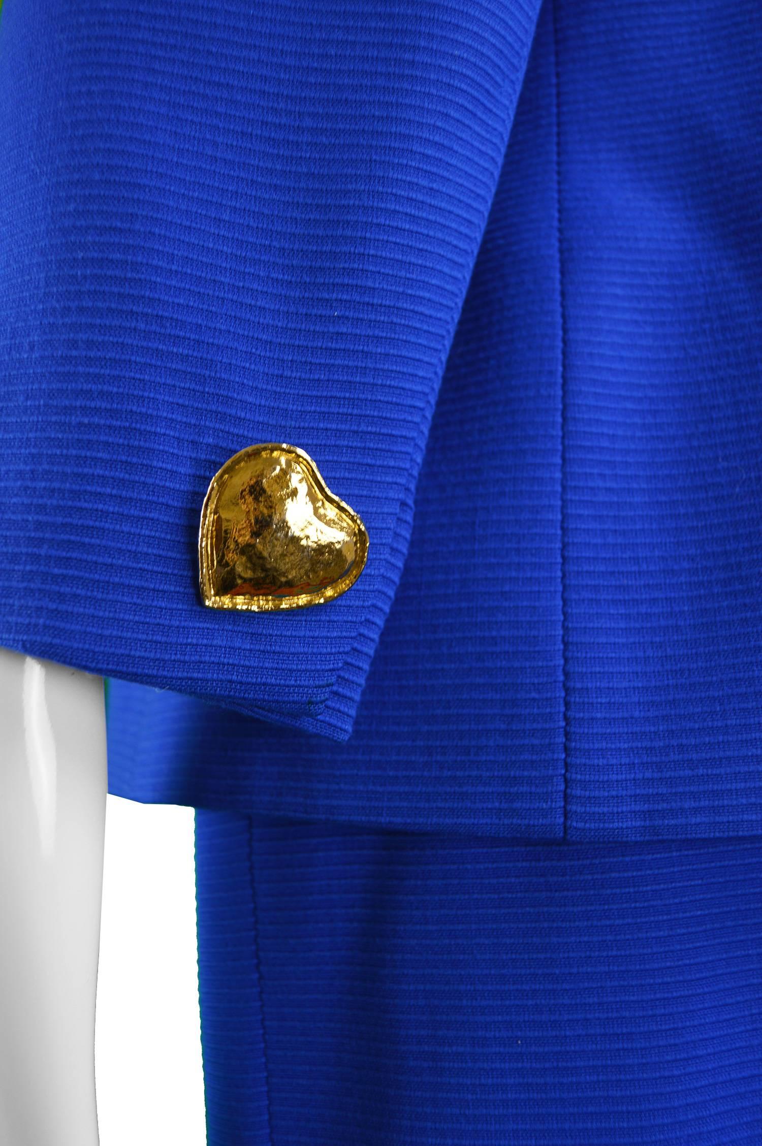 Yves Saint Laurent Blue Wool Blazer and Skirt Suit with Heart Buttons, 1980s 2