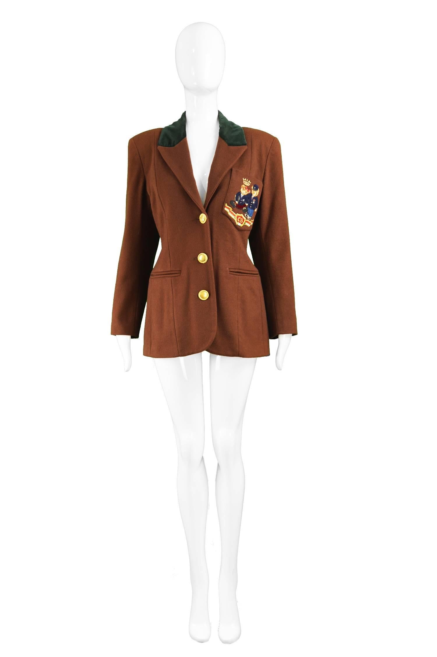 Cristina Santandrea Embroidered Bear Brown Wool & Cashmere Blazer, 1990s

Estimated Size: UK 10/ US 6/ EU 38. Please check measurements. 
Bust - 36” / 91cm (allow a couple of inches room for movement)
Waist - 34” / 86cm 
Length (Shoulder to Hem)
