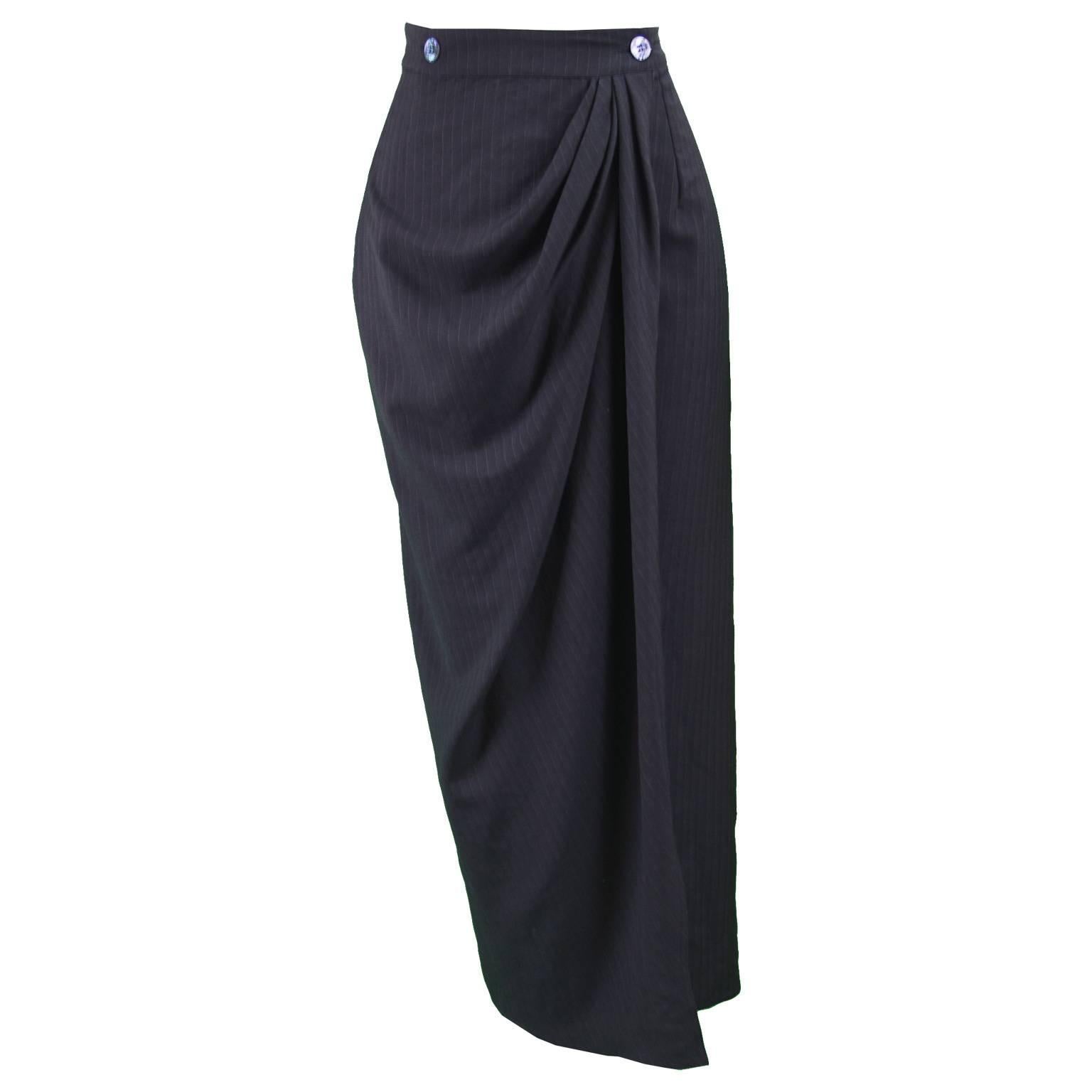 Rifat Ozbek Black Italian Wool Pinstripe Draped Maxi Pencil Skirt , 1990s For Sale