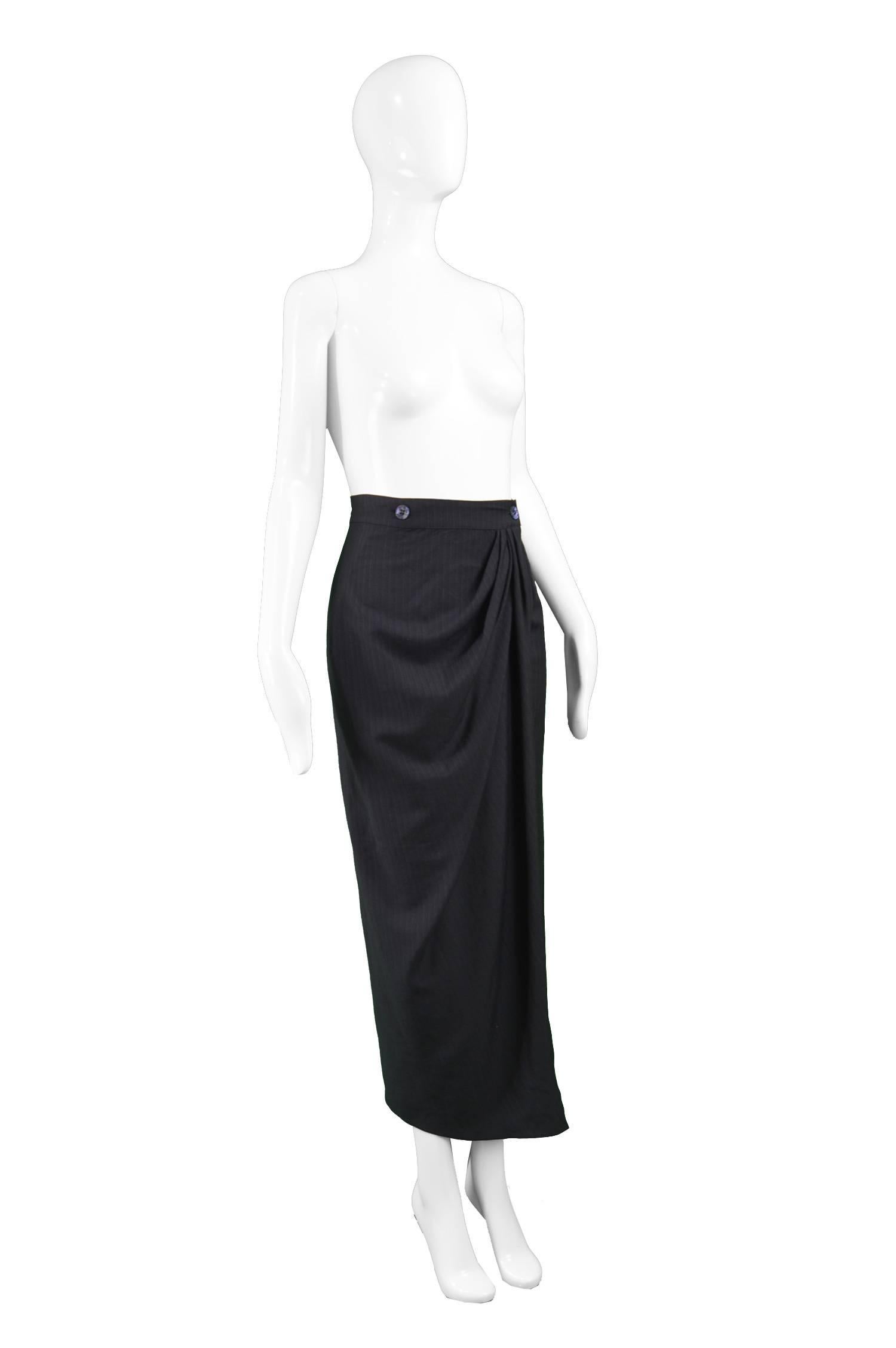 Rifat Ozbek Black Italian Wool Pinstripe Draped Maxi Pencil Skirt , 1990s For Sale 1