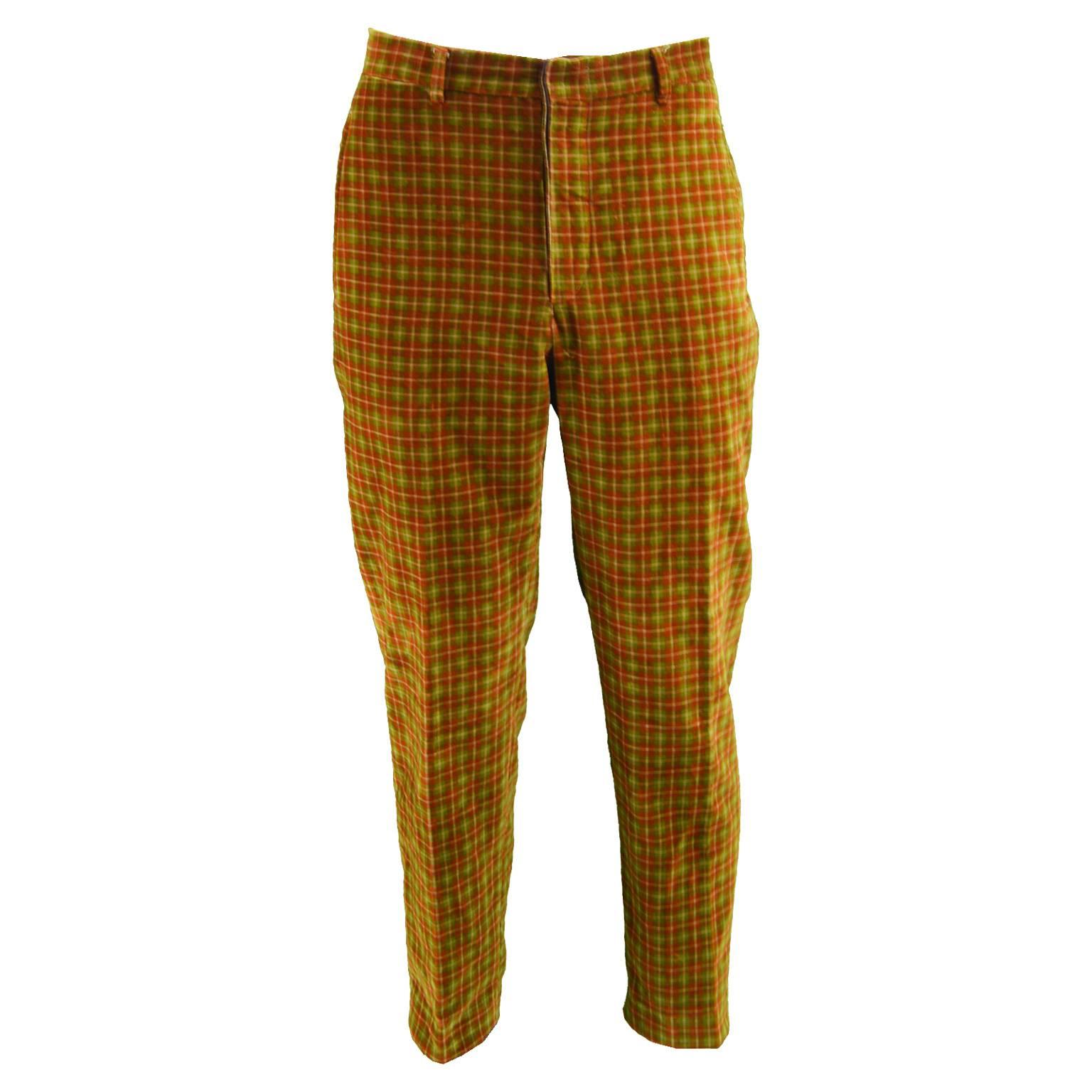 Romeo Gigli Men's Vintage Velvet Plaid Check Red & Green Pants, 1990s