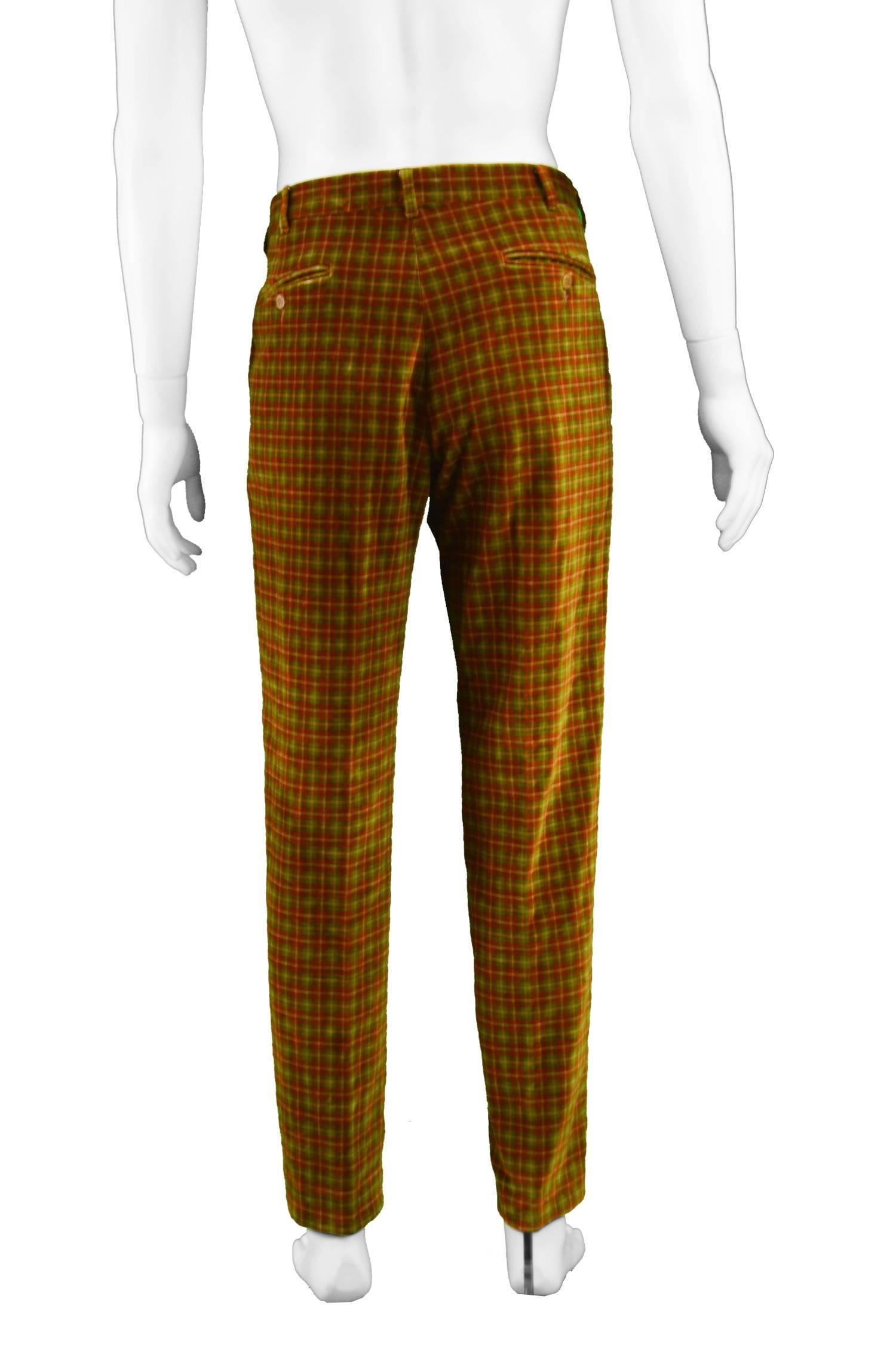 Romeo Gigli Men's Vintage Velvet Plaid Check Red & Green Pants, 1990s 2