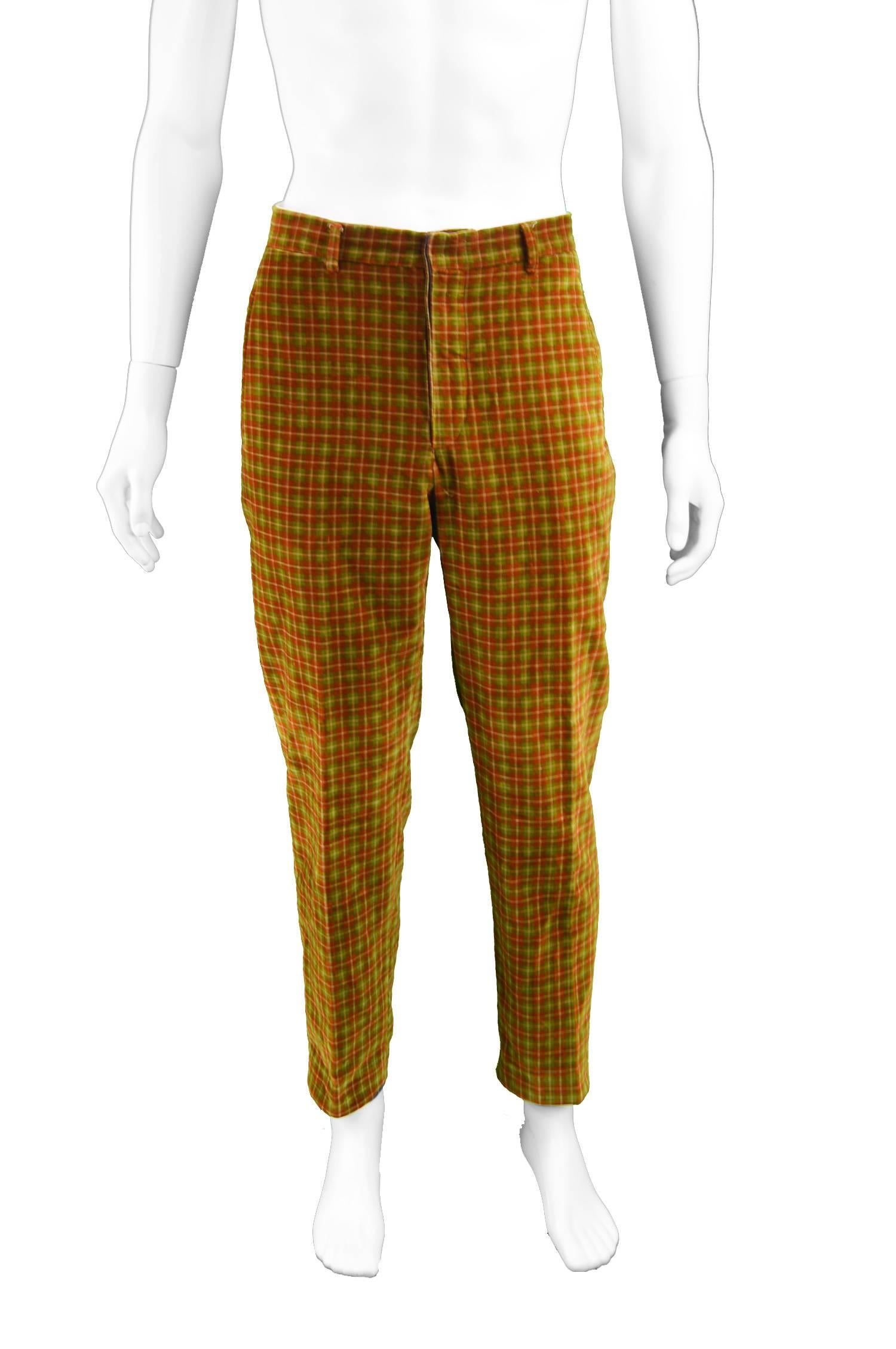 Brown Romeo Gigli Men's Vintage Velvet Plaid Check Red & Green Pants, 1990s