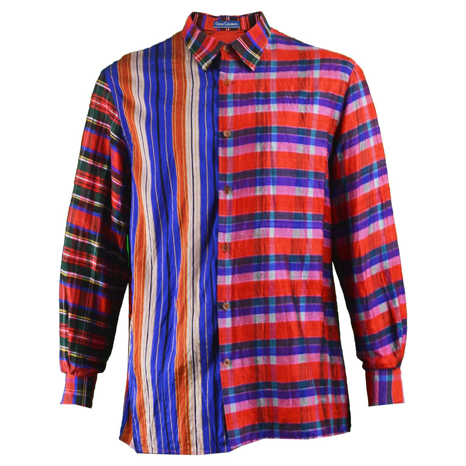 Gene Cabaleiro Eccentric Vintage Men's Silk Plaid Patchwork Shirt, 1990s For Sale