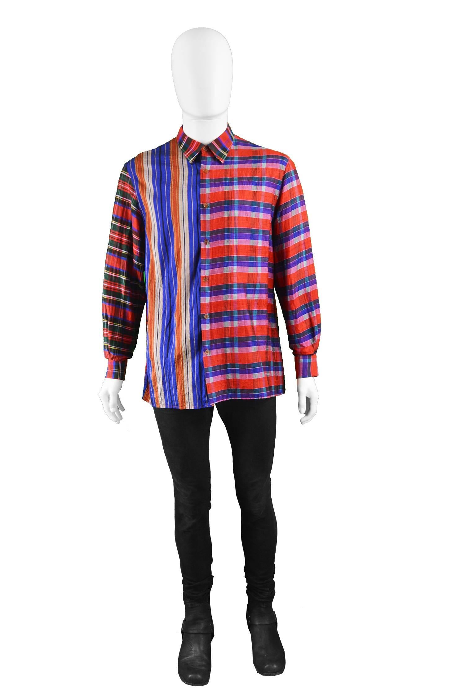 Gene Cabaleiro Eccentric Vintage Mens Silk Plaid Patchwork Shirt, 1990s

Estimated Size: Men’s XL but looks good oversized on a Medium to Large. 
Chest - 46” / 117cm
Waist - 44” / 112cm
Length (Shoulder to Hem) - 27” / 68cm
Shoulder to Shoulder -