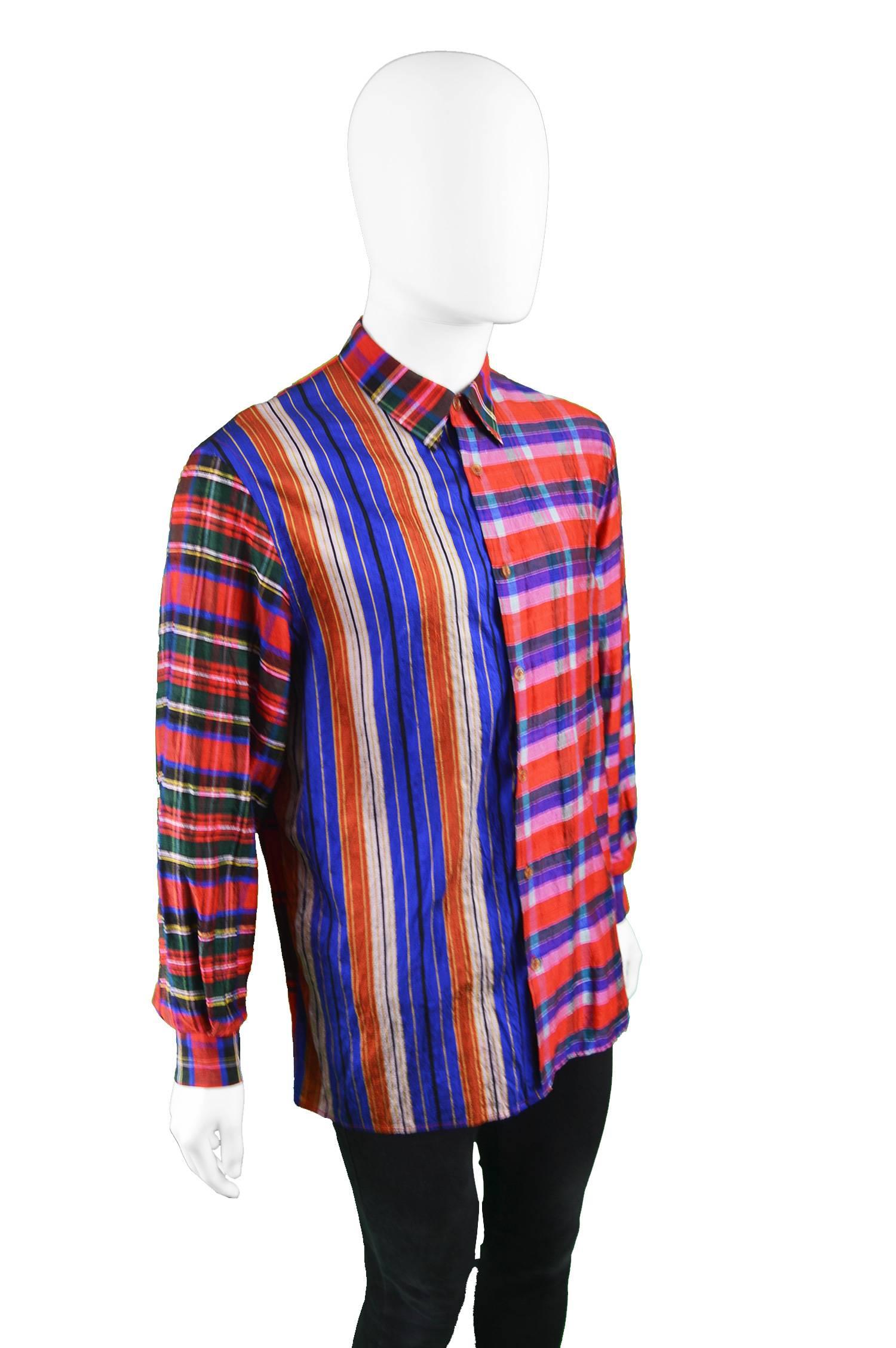 Gene Cabaleiro Eccentric Vintage Men's Silk Plaid Patchwork Shirt, 1990s For Sale 1