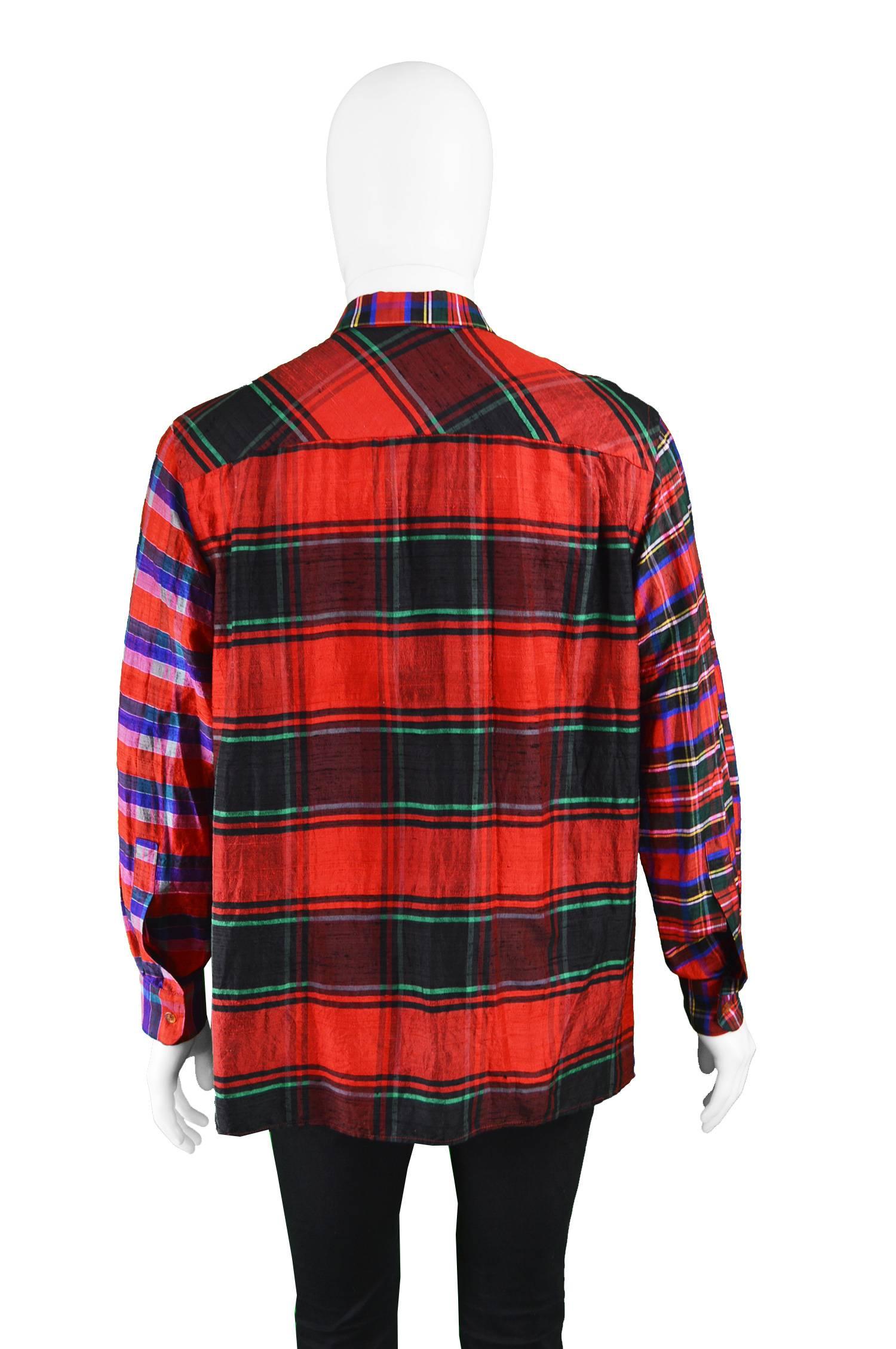 Gene Cabaleiro Eccentric Vintage Men's Silk Plaid Patchwork Shirt, 1990s For Sale 3