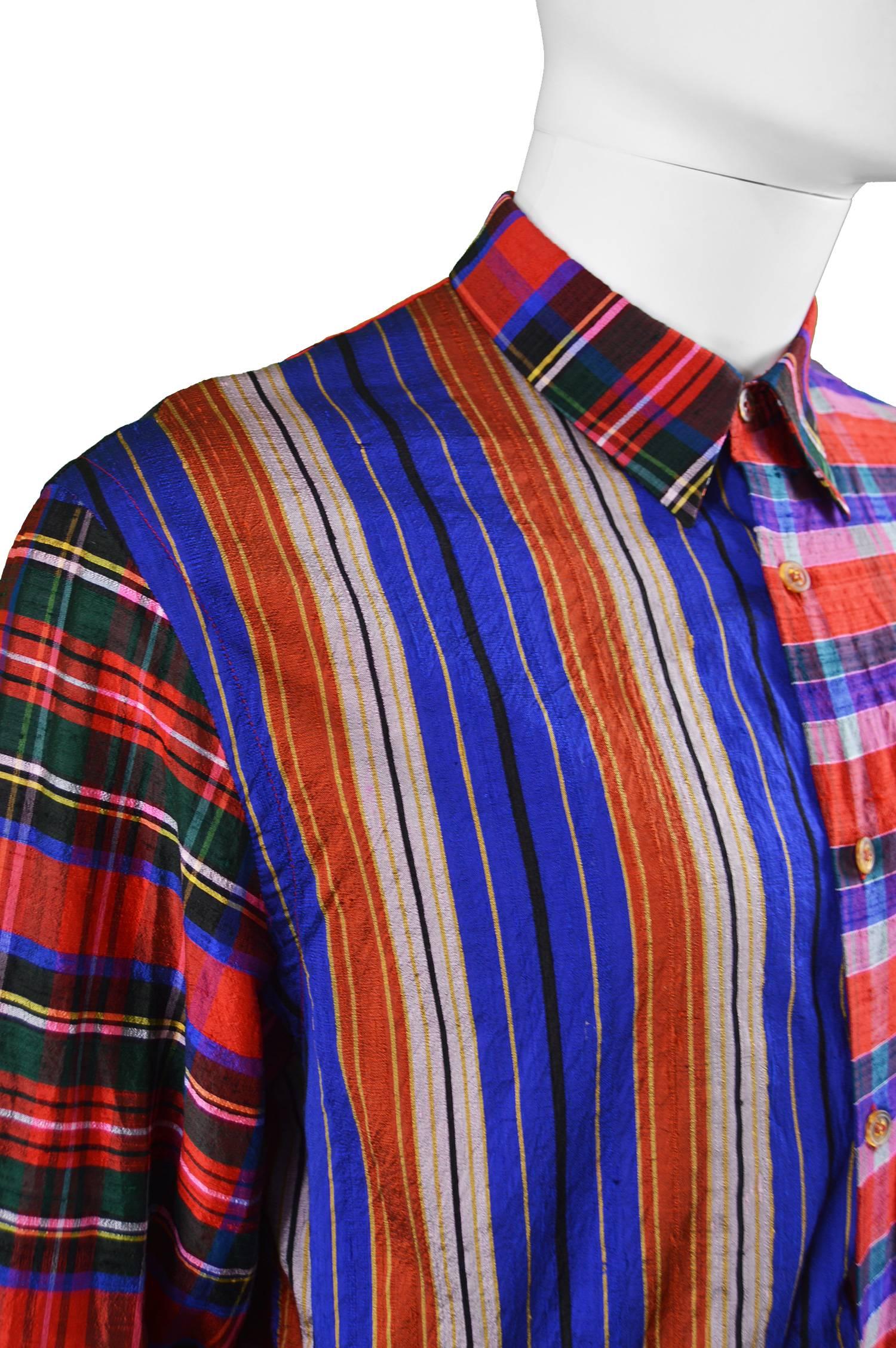 Gene Cabaleiro Eccentric Vintage Men's Silk Plaid Patchwork Shirt, 1990s For Sale 2