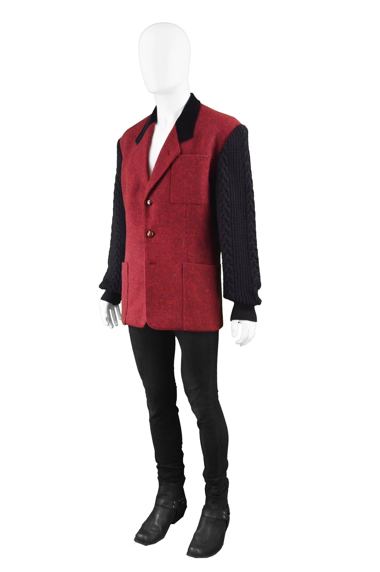 Women's or Men's Bogy's Vintage Men's Red Wool Tweed & Black Cable Knit Blazer, 1980s