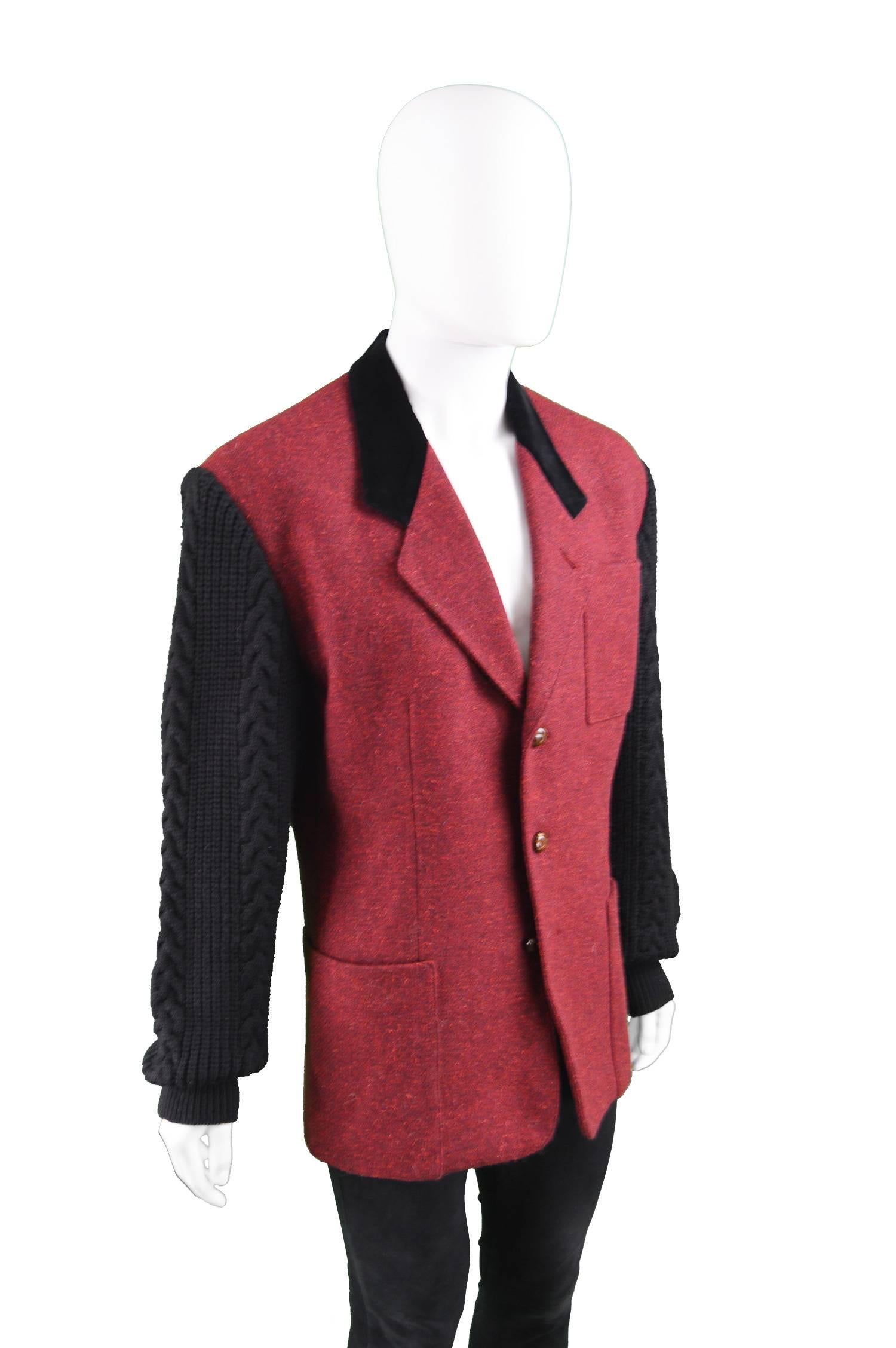 Bogy's Vintage Men's Red Wool Tweed & Black Cable Knit Blazer, 1980s In Excellent Condition In Doncaster, South Yorkshire