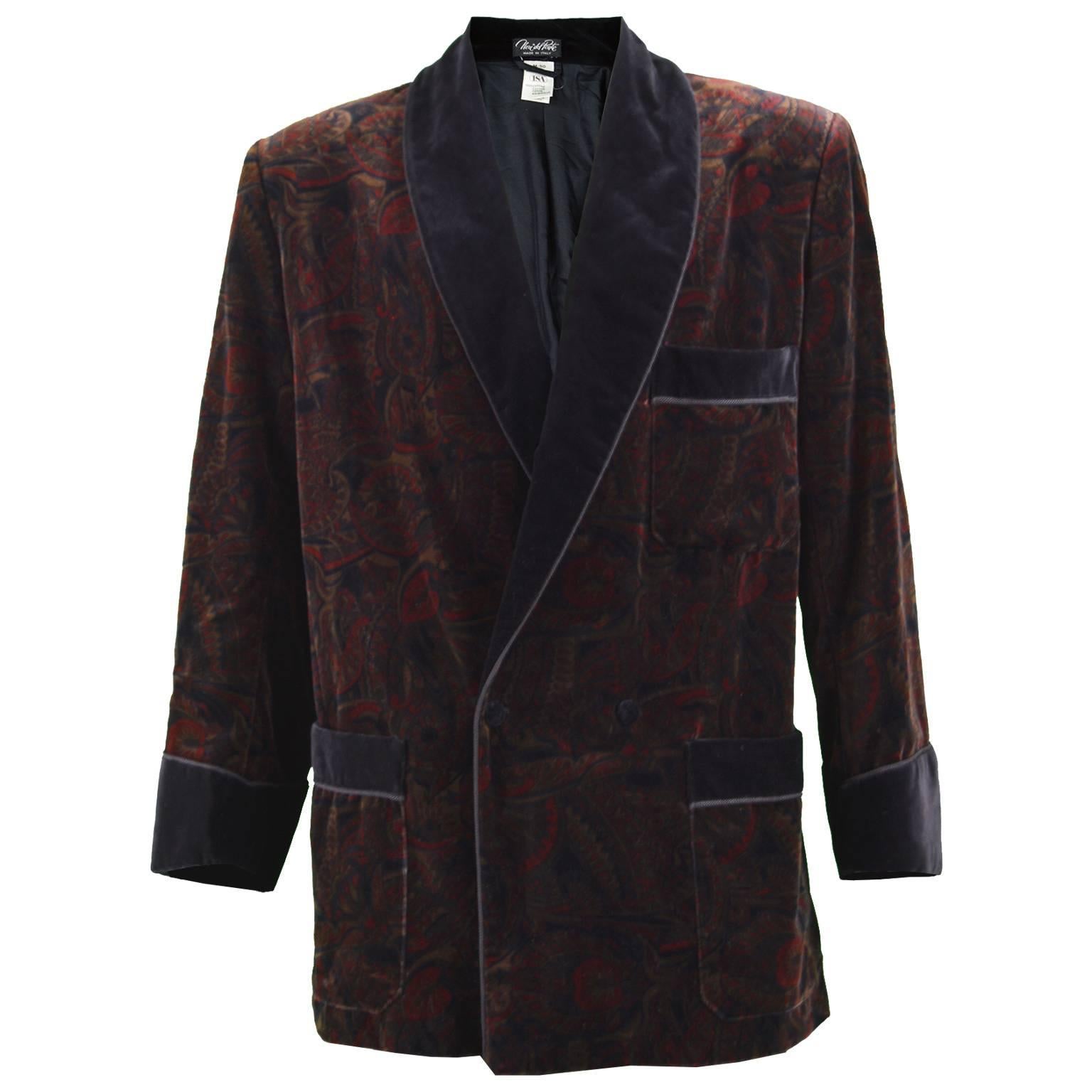 Men's Vintage Paisley Print Velvet Smoking Jacket with Braided Lapels, 1980s For Sale