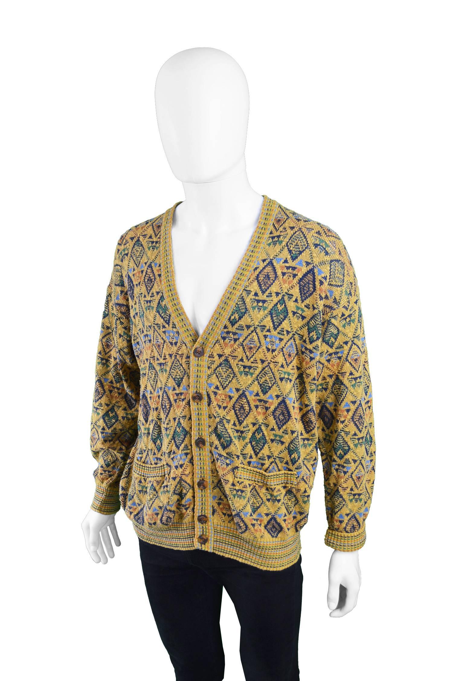 Brown Missoni Vintage Men's Cotton & Linen Diamond Pattern Knit Cardigan, 1980s For Sale