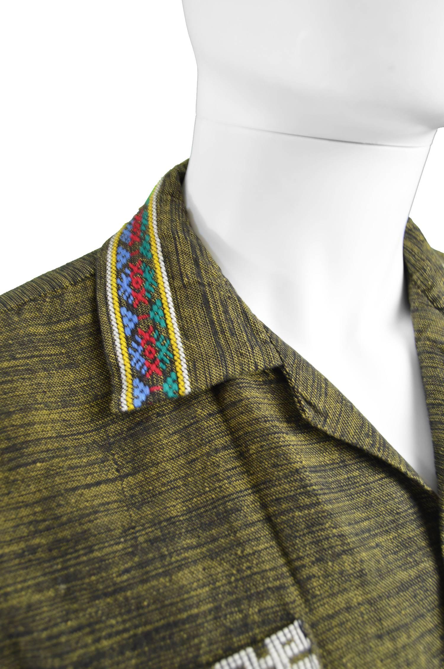 Brown Vintage Men's 1960s Guatemalan Aztec Embroidered Handwoven Cotton Shirt