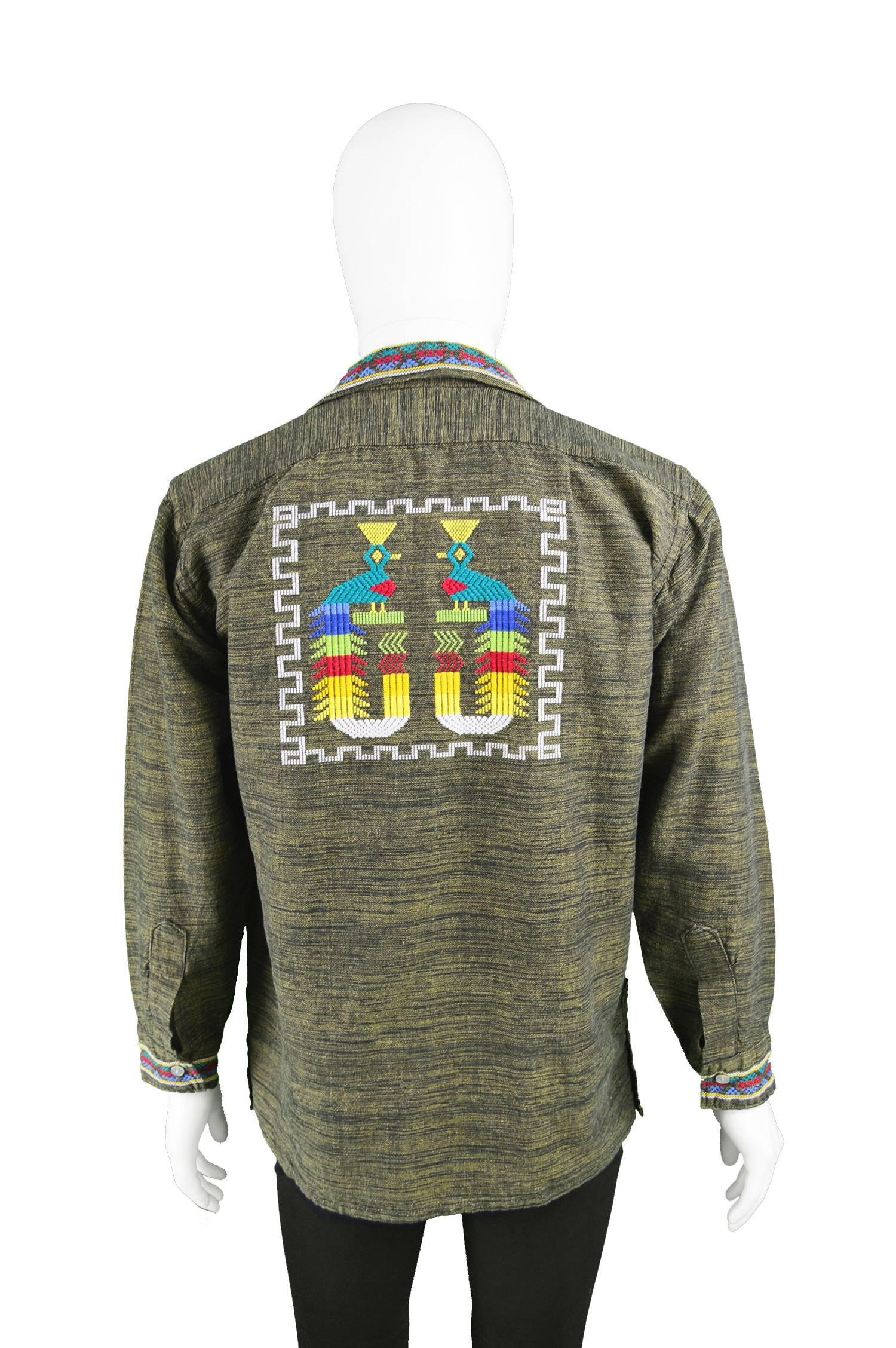 Vintage Men's 1960s Guatemalan Aztec Embroidered Handwoven Cotton Shirt 2