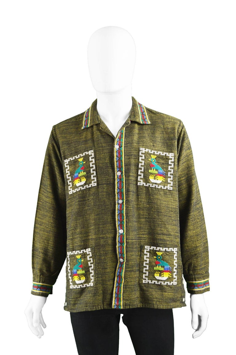 Vintage Men's 1960s Guatemalan Aztec Embroidered Handwoven Cotton Shirt