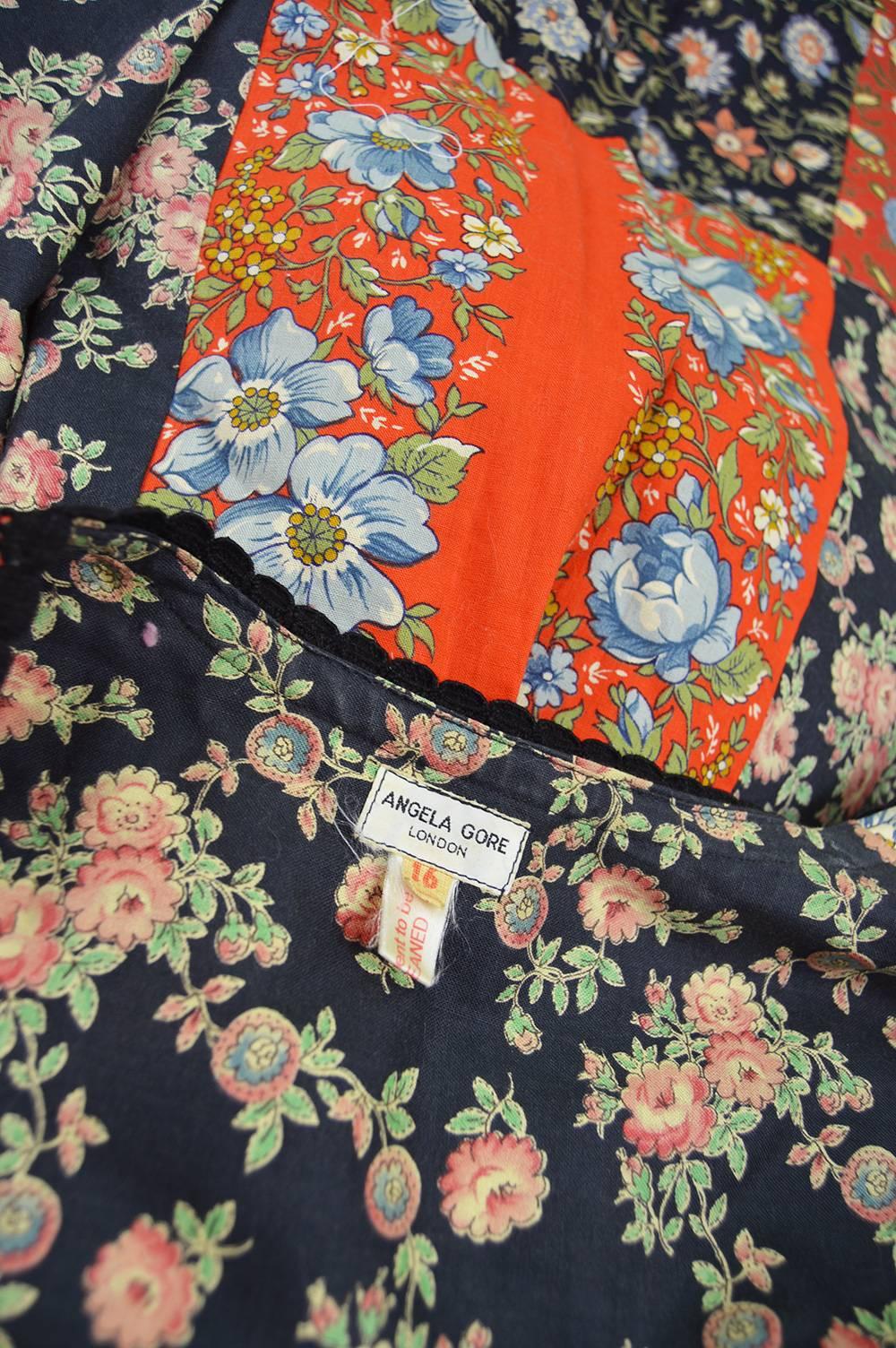 Angela Gore Vintage Patchwork Floral Print Cotton Maxi Kimono Dress, 1970s 2