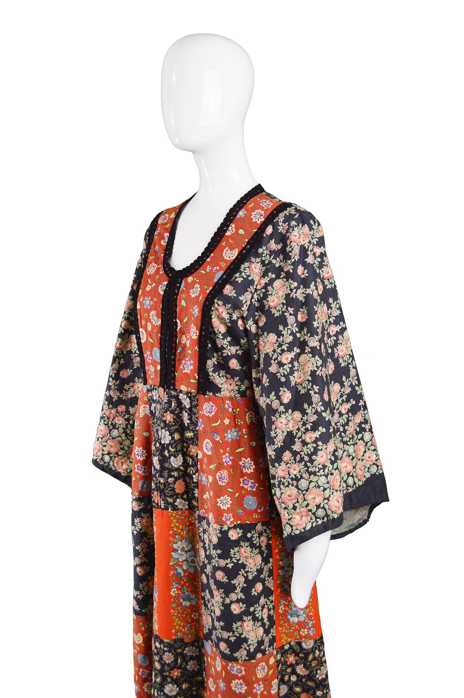 Brown Angela Gore Vintage Patchwork Floral Print Cotton Maxi Kimono Dress, 1970s For Sale