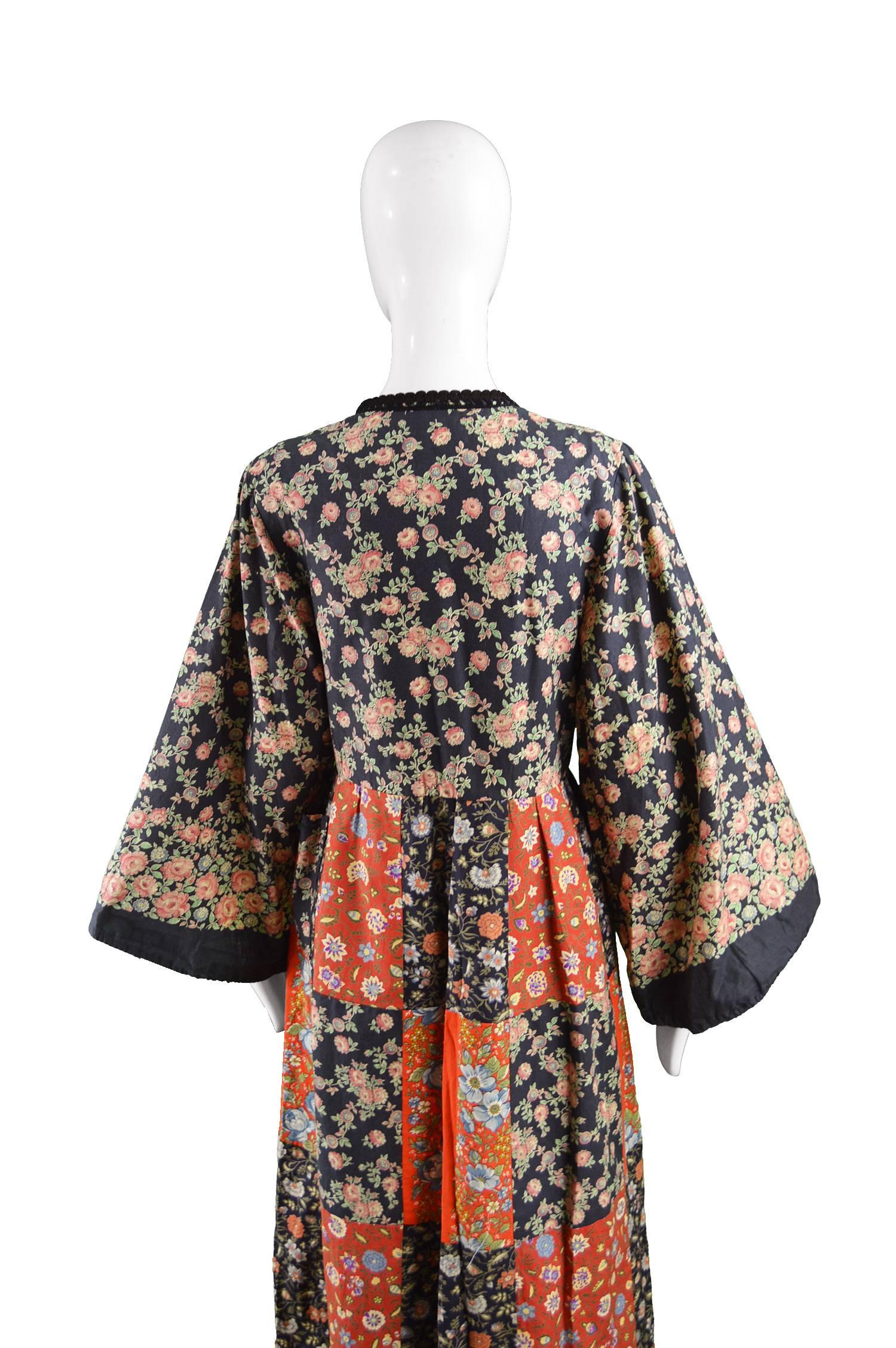 Angela Gore Vintage Patchwork Floral Print Cotton Maxi Kimono Dress, 1970s 1
