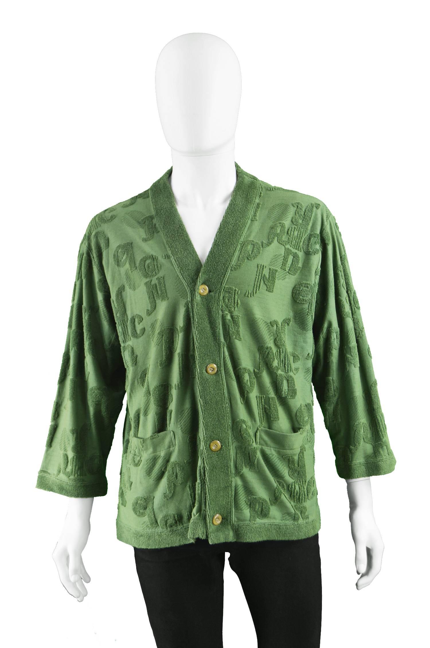 Gray Matsuda Men's Vintage Green Alphabet Chenille Knit Cardigan, 1980s For Sale