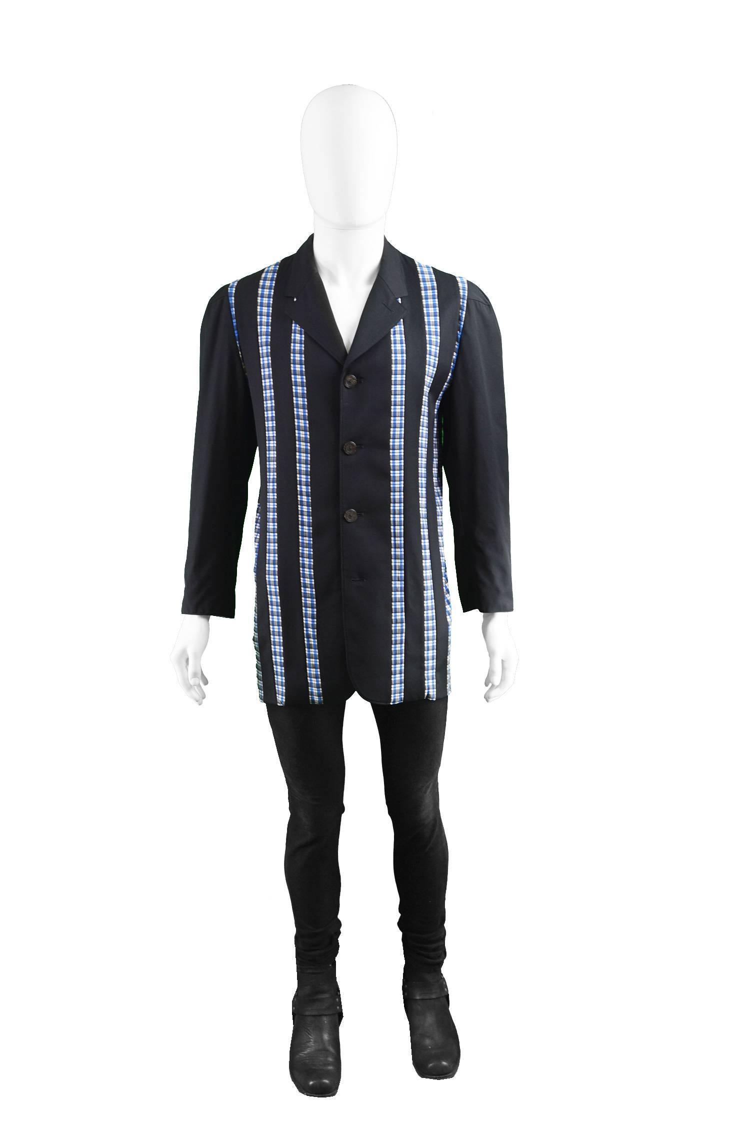 Jean Paul Gaultier Men's Light Wool Blazer with Stretch Tartan Panels, 1980s

Size: Marked I 50 / GB 40
Chest - 40” / 101cm
Waist - 38” / 96cm
Length (Shoulder to Hem) - 31” / 79cm
Shoulder to Shoulder - 17” / 43cm
Sleeve Pit to Cuff - 16” /