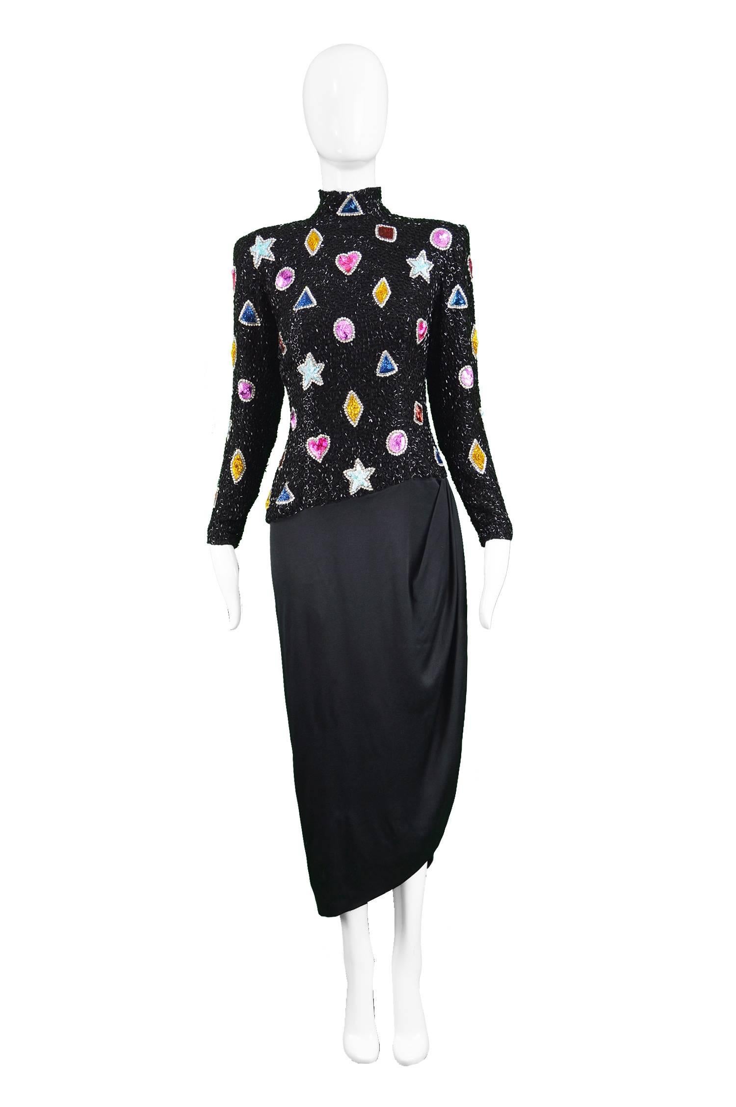 Bob Mackie Glam Vintage Long Sleeve Beaded Silk Evening Gown, 1980s

Estimated Size: UK 8-10/ US 4-6/ EU 36-38. Please check measurements.
Bust - 34” / 86cm
Waist - 27” / 68cm
Hips - 36” / 91cm
Length (Shoulder to Hem) - 50” / 127cm
Shoulder to