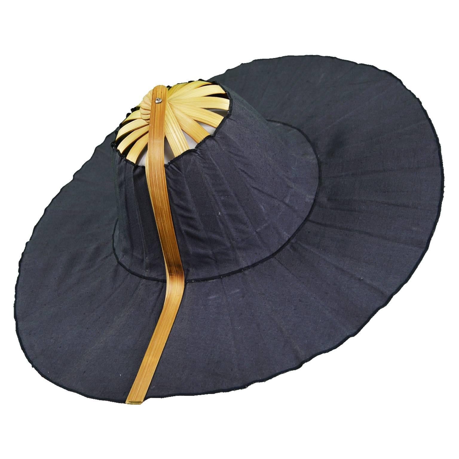 Heather Allan Architectural Folding Wood and Cotton Fan Sun Hat, 1990s