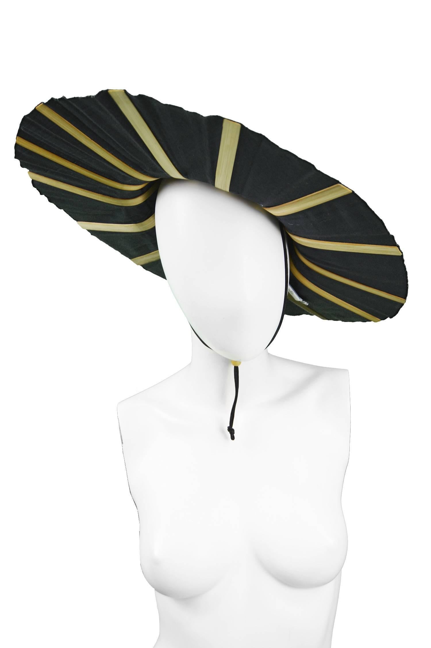Women's Heather Allan Architectural Folding Wood and Cotton Fan Sun Hat, 1990s For Sale