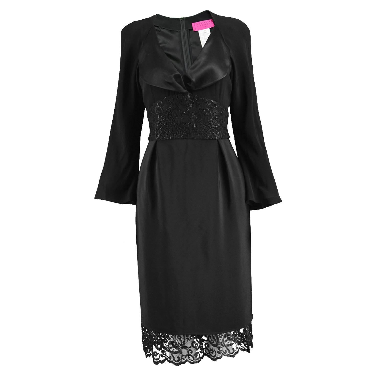 Christian Lacroix Vintage Black Lace and Satin Back Crepe Dress, 1990s For Sale