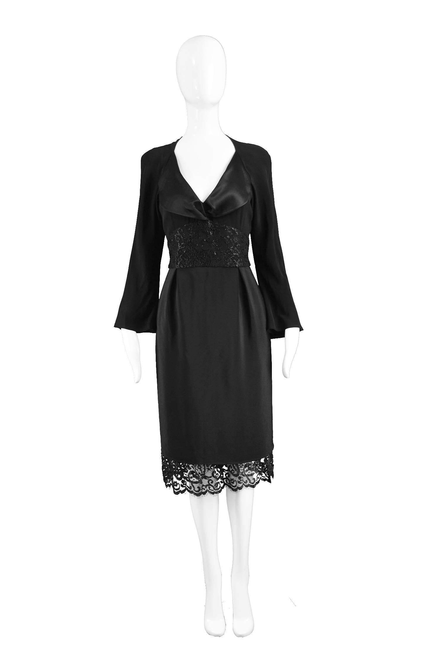 Christian Lacroix Vintage Black Lace & Satin Back Crepe Dress, 1990s

Estimated Size: UK 8/ US 4/ EU 36. Please check measurements
Bust - 32” / 81cm
Waist - 26” / 66cm
Hips - up to 38” / 96cm
Length (Shoulder to Hem) - 38” / 96cm
Length (Including