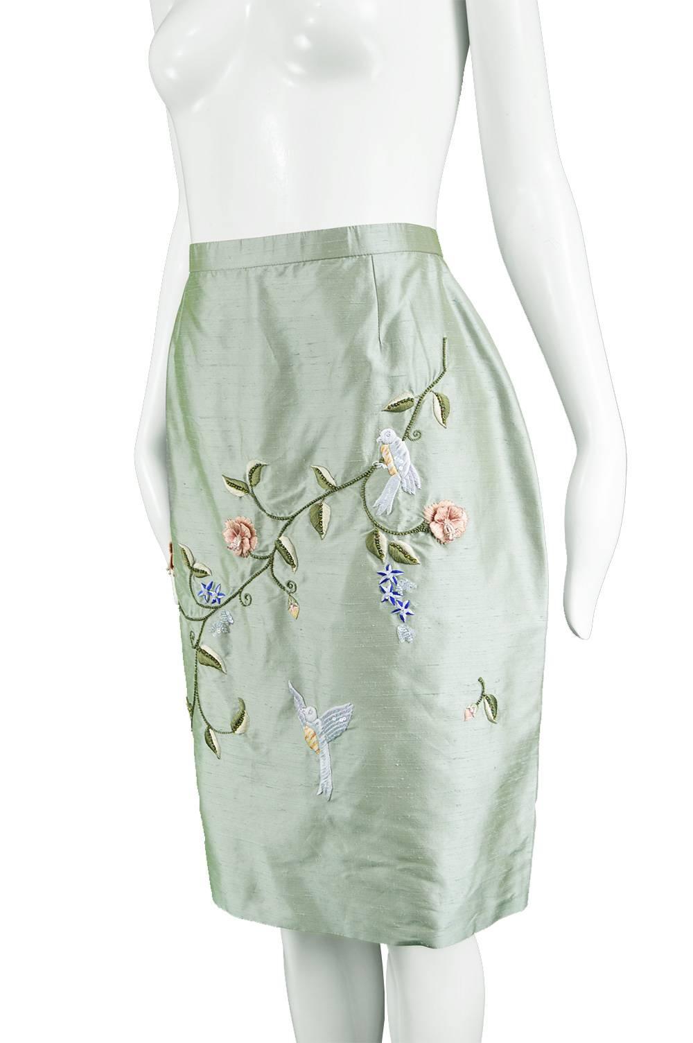 Bellville Sassoon Asian Embroidered and Beaded Green Pure Silk Skirt, 1980s 1