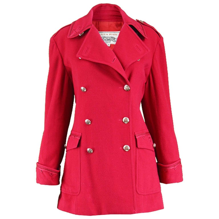 Krizia Vintage Red Italian Wool and Cashmere Military Style Pea Coat ...