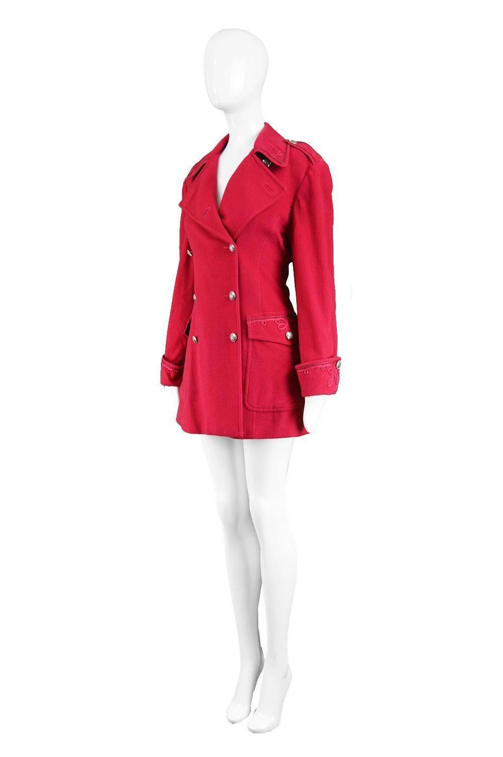 Women's Krizia Vintage Red Italian Wool & Cashmere Military Style Pea Coat, 1990s 
