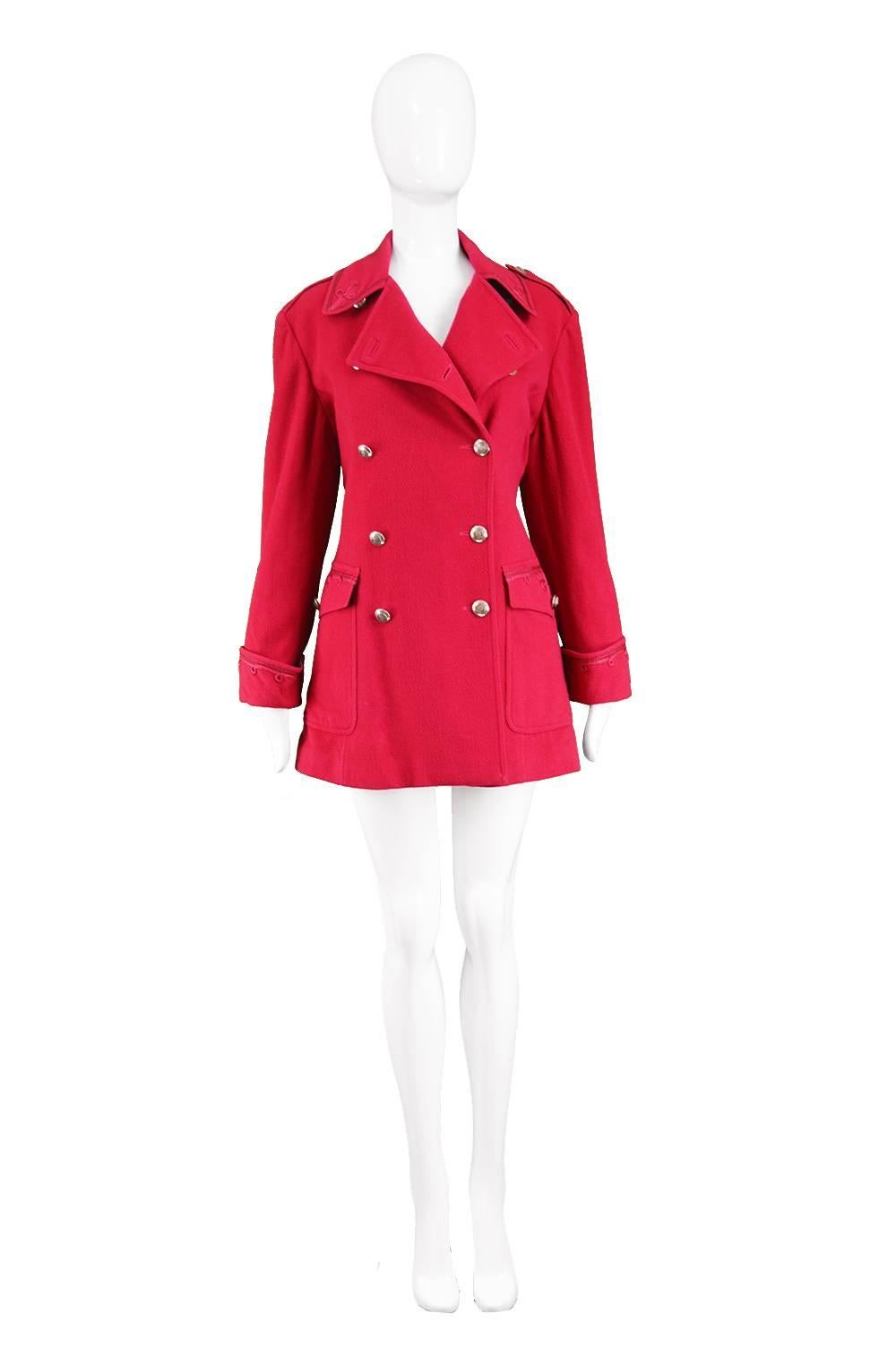 Krizia Vintage Red Italian Wool & Cashmere Military Style Pea Coat, 1990s 

Estimated Size: UK 12/ US 8/ EU 40. Please check measurements. 
Bust - 38” / 96cm (please allow a couple of inches room for movement)
Waist - 35” / 89cm
Hips - 40” /
