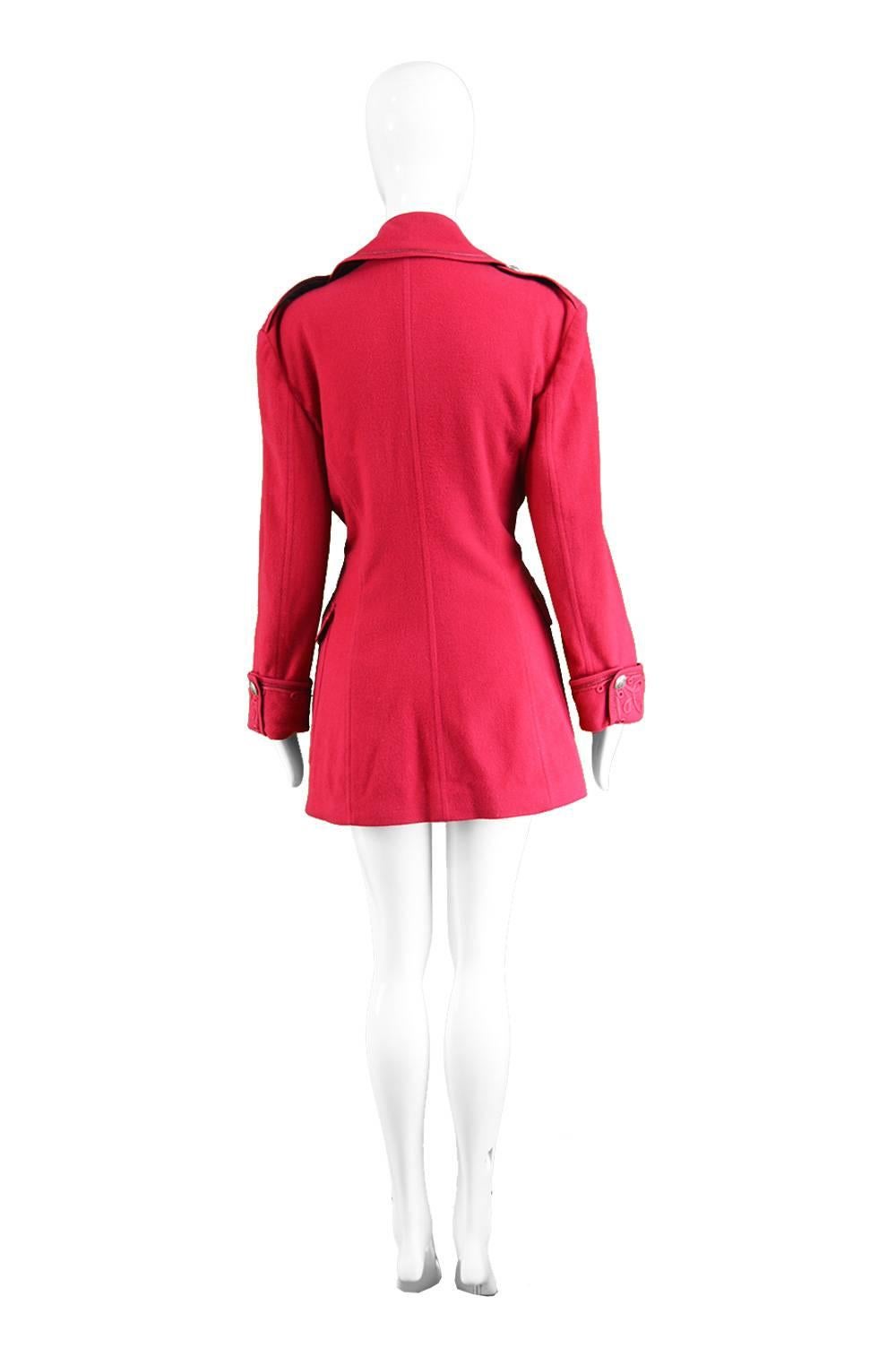 Krizia Vintage Red Italian Wool & Cashmere Military Style Pea Coat, 1990s  2