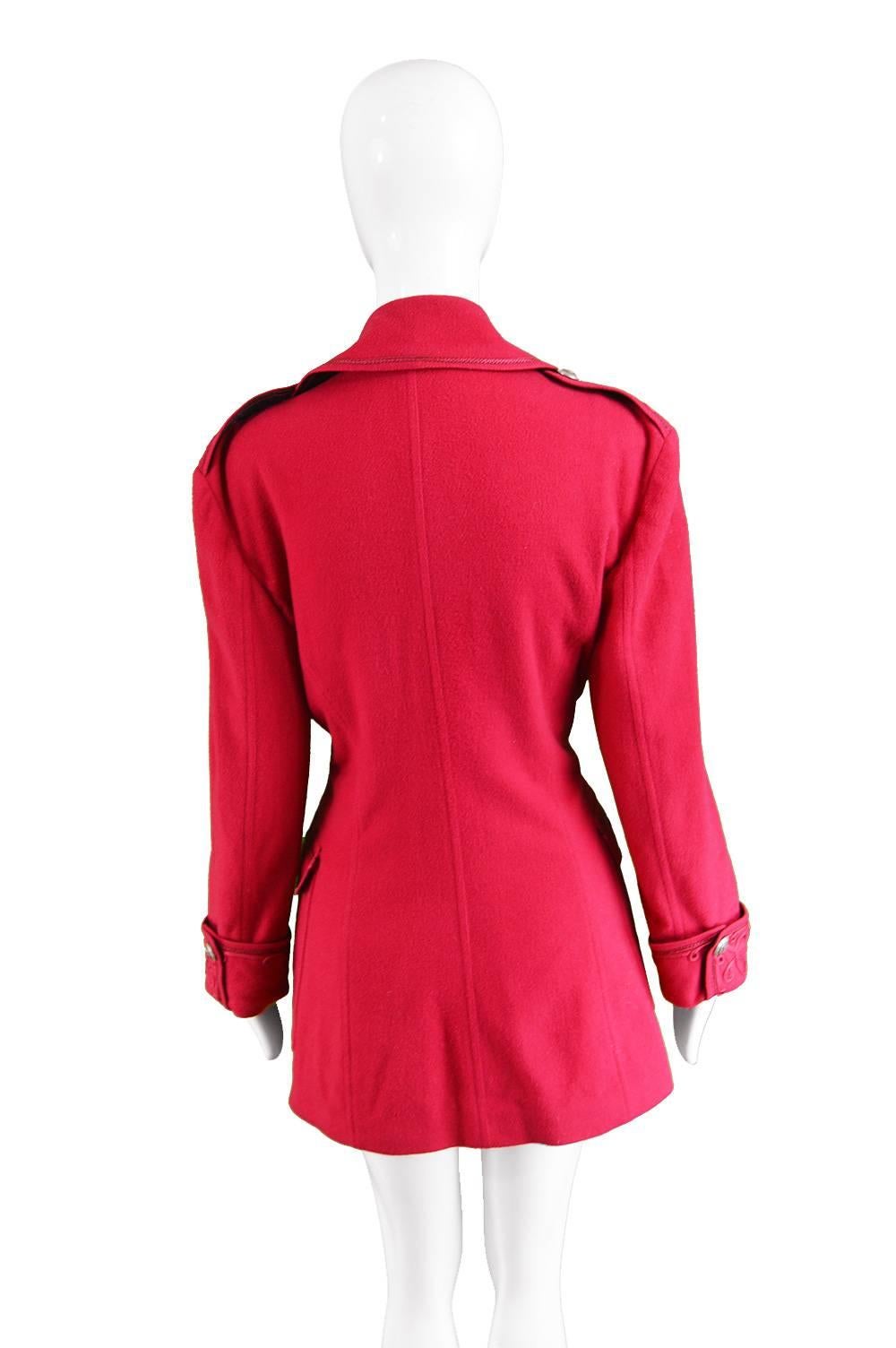 Krizia Vintage Red Italian Wool & Cashmere Military Style Pea Coat, 1990s  1