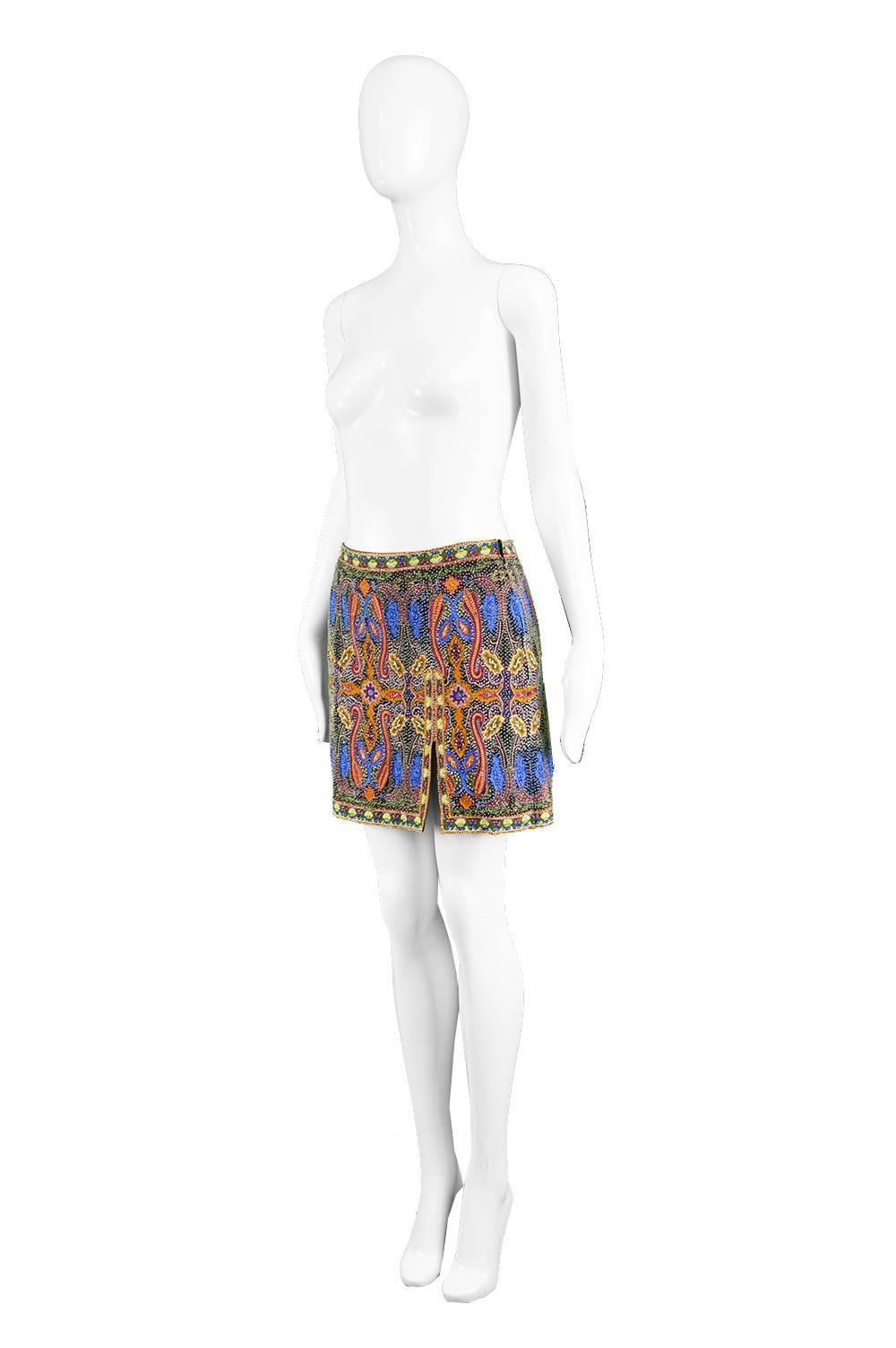 Women's Escada Vintage Intricately Embroidered and Beaded Silk Mini Skirt, 1990s