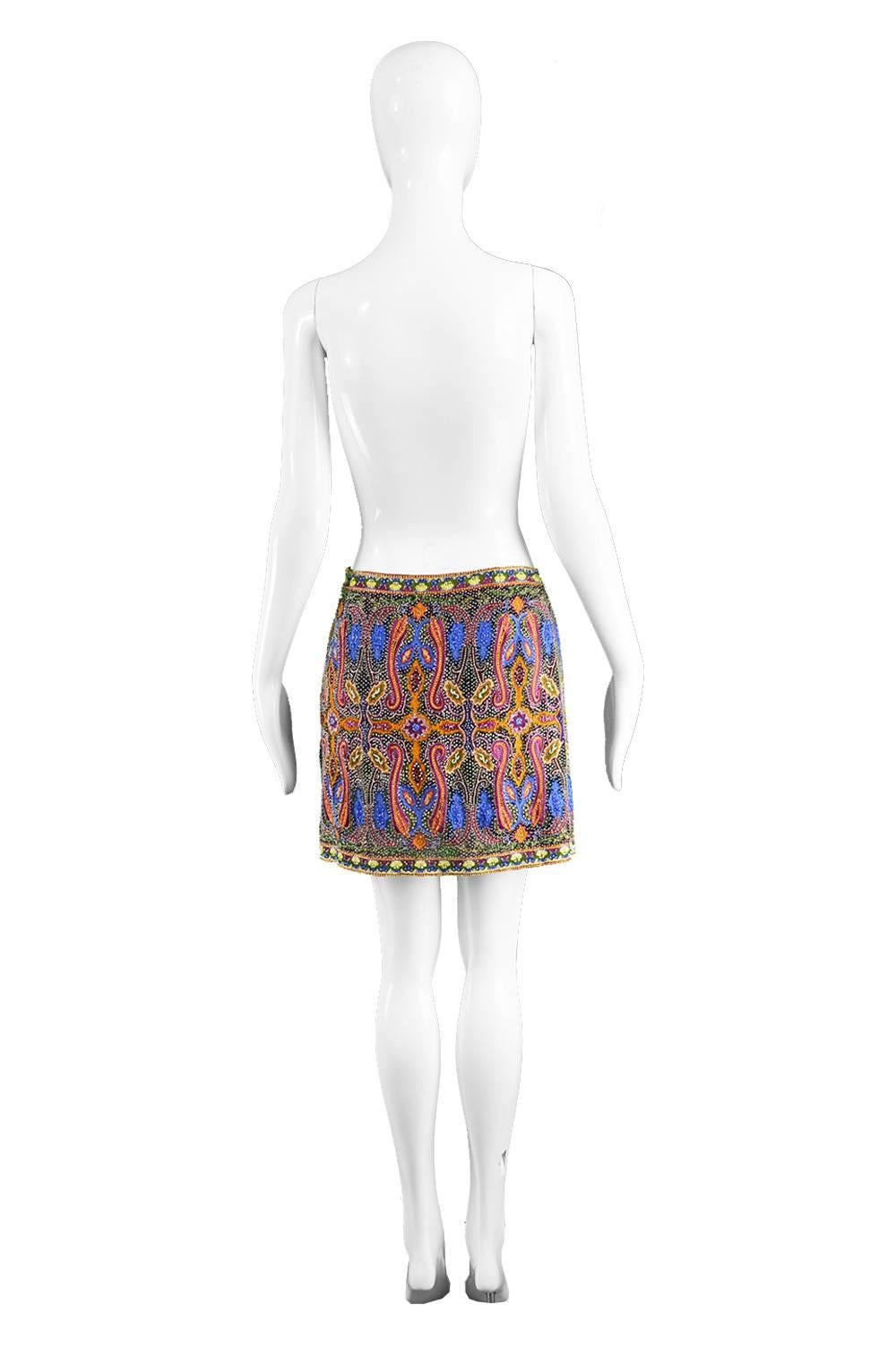 Escada Vintage Intricately Embroidered and Beaded Silk Mini Skirt, 1990s 2