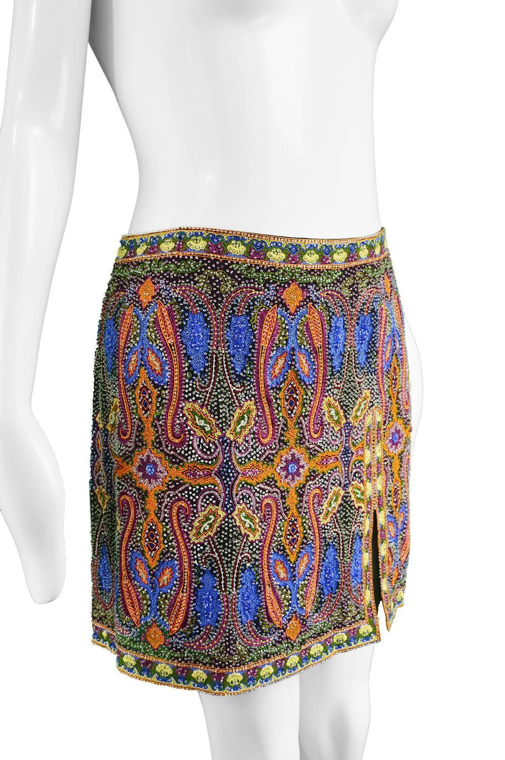 Brown Escada Vintage Intricately Embroidered and Beaded Silk Mini Skirt, 1990s