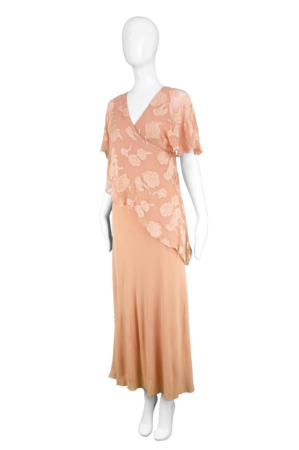 Beige Janice Wainwright Peach Devore Chiffon & Jersey Asymmetric Maxi Dress, 1970s For Sale