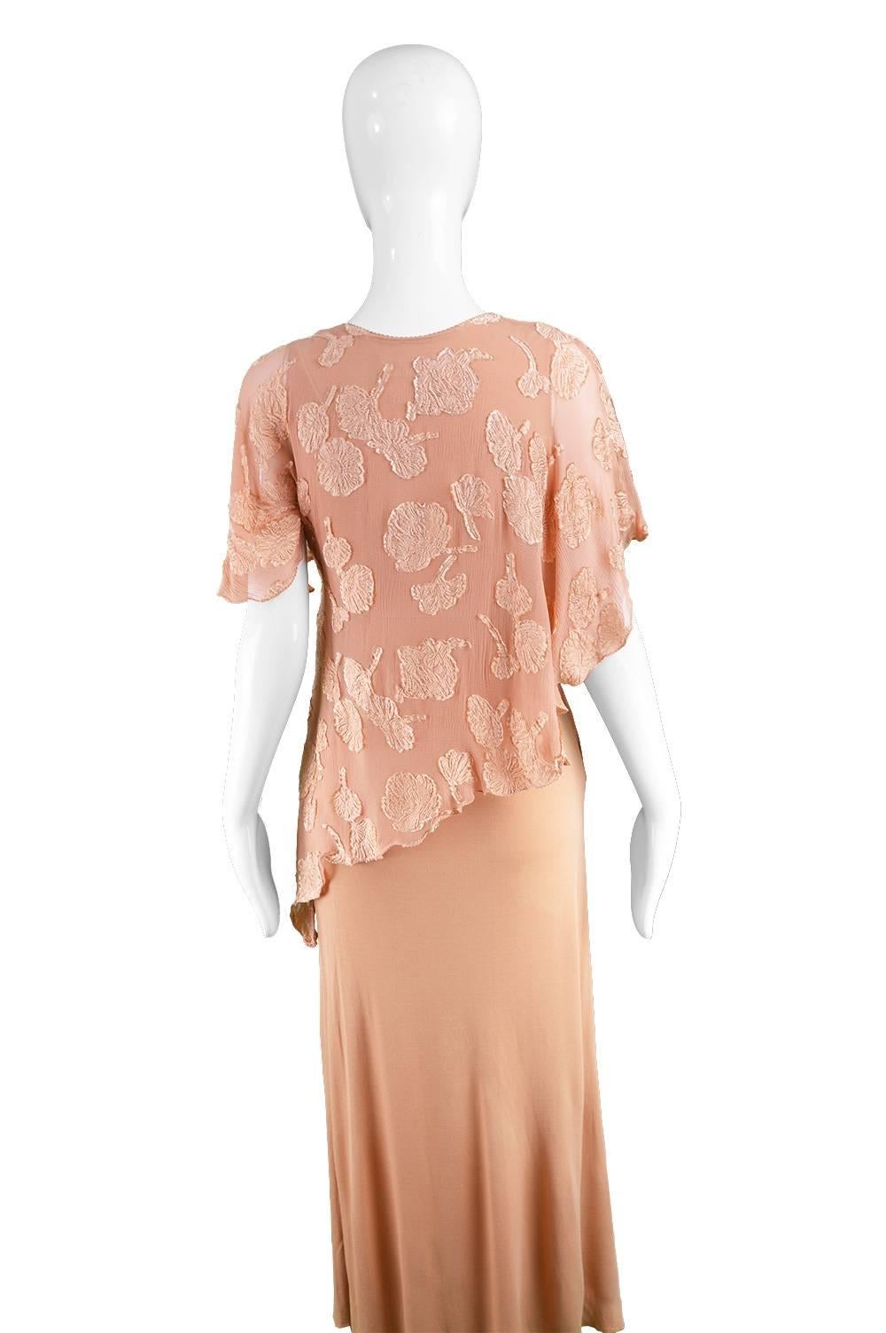 Women's Janice Wainwright Peach Devore Chiffon & Jersey Asymmetric Maxi Dress, 1970s For Sale