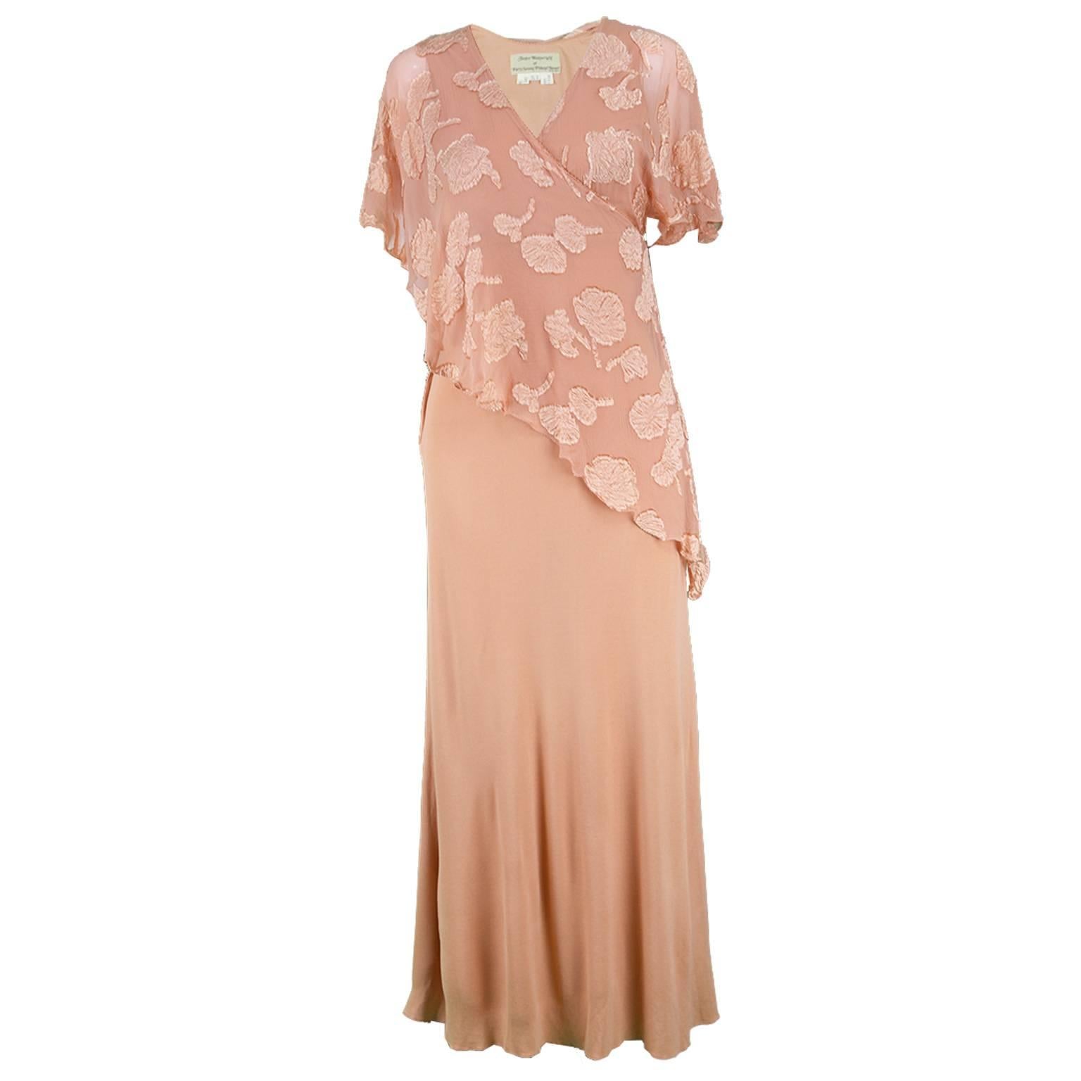 Janice Wainwright Peach Devore Chiffon & Jersey Asymmetric Maxi Dress, 1970s For Sale