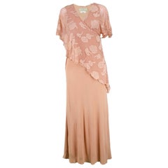 Janice Wainwright Peach Devore Chiffon & Jersey Asymmetric Maxi Dress, 1970s