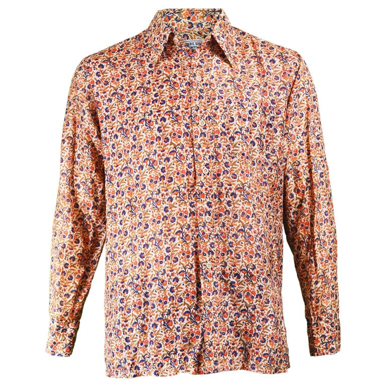 Vintage 1970s Men's Indian Silk Floral Hand Woven Block Printed Button Up Shirt For Sale at