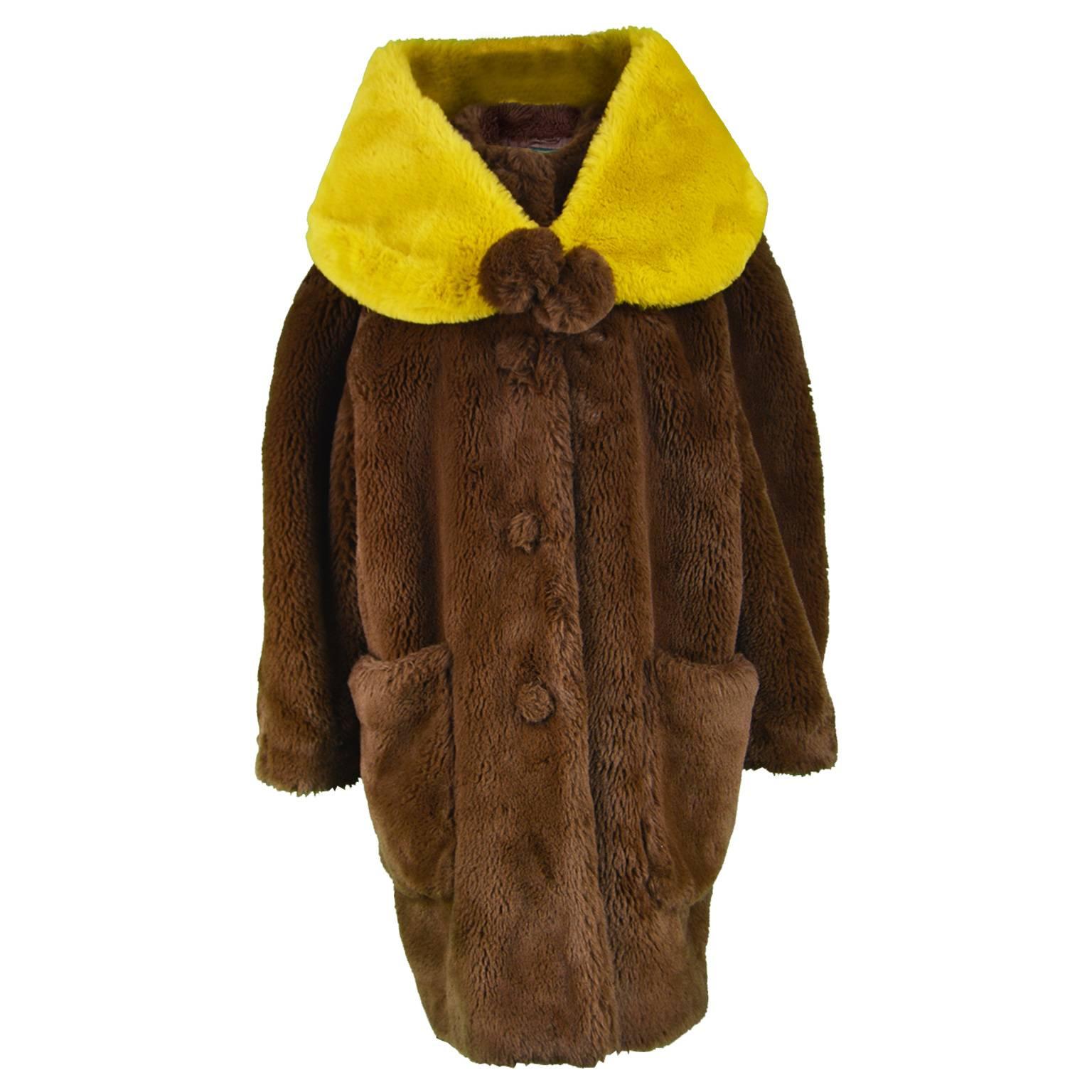 Jean Paul Gaultier Dramatic Brown Faux Fur Swing Coat with Wrap Stole, 1980s