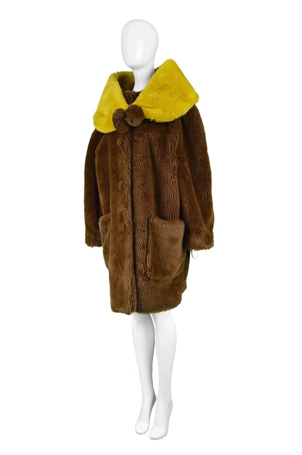 Jean Paul Gaultier Dramatic Brown Faux Fur Swing Coat with Wrap Stole, 1980s In Excellent Condition In Doncaster, South Yorkshire