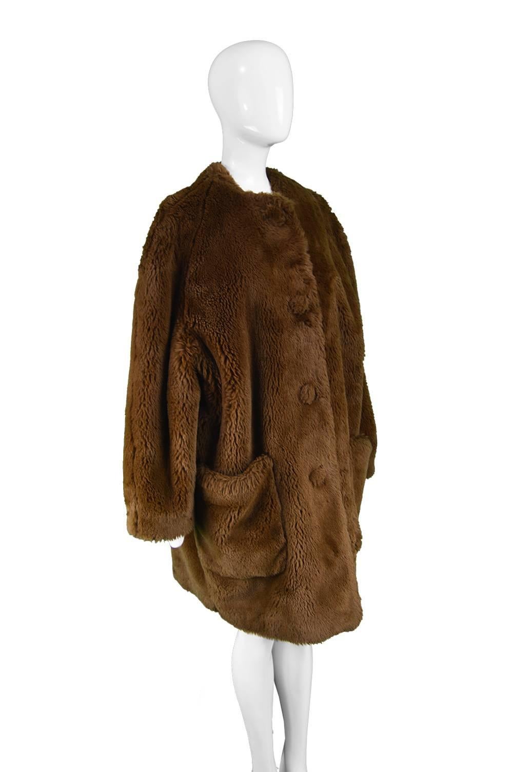 Women's Jean Paul Gaultier Dramatic Brown Faux Fur Swing Coat with Wrap Stole, 1980s