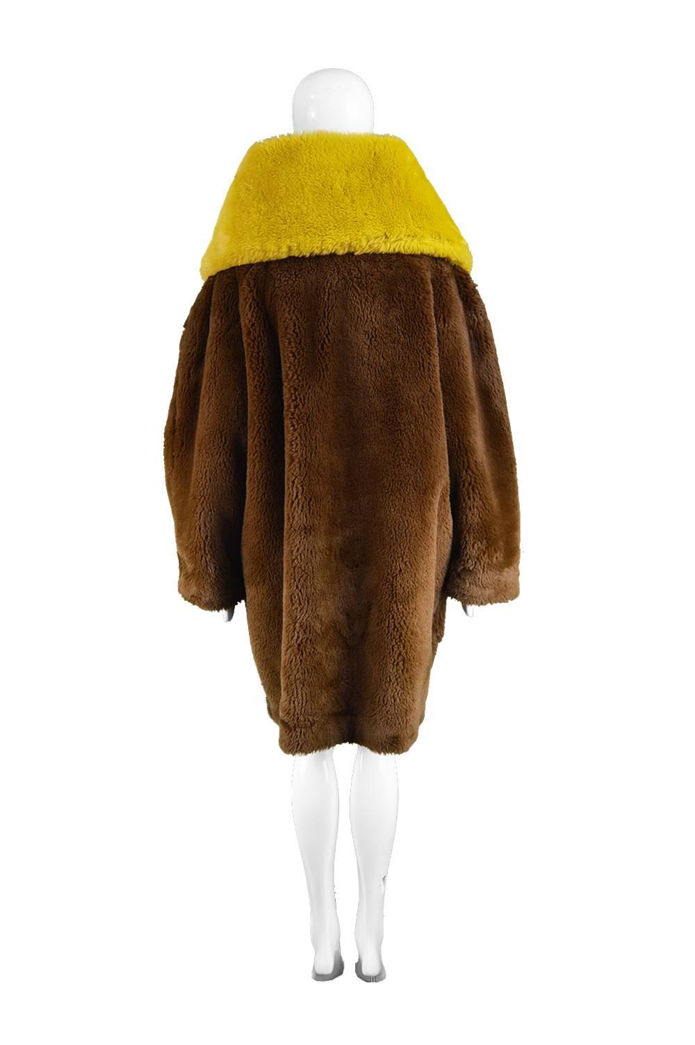 Jean Paul Gaultier Dramatic Brown Faux Fur Swing Coat with Wrap Stole, 1980s 1