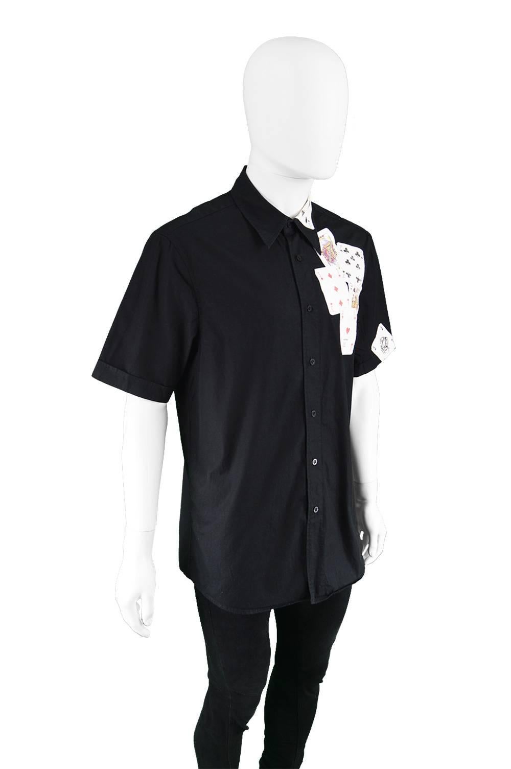 Moschino Men's Black Cotton Playing Card Short Sleeve Shirt, 1990s 3