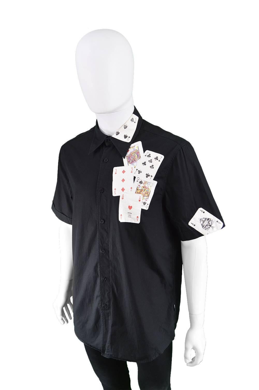 Moschino Men's Black Cotton Playing Card Short Sleeve Shirt, 1990s 2